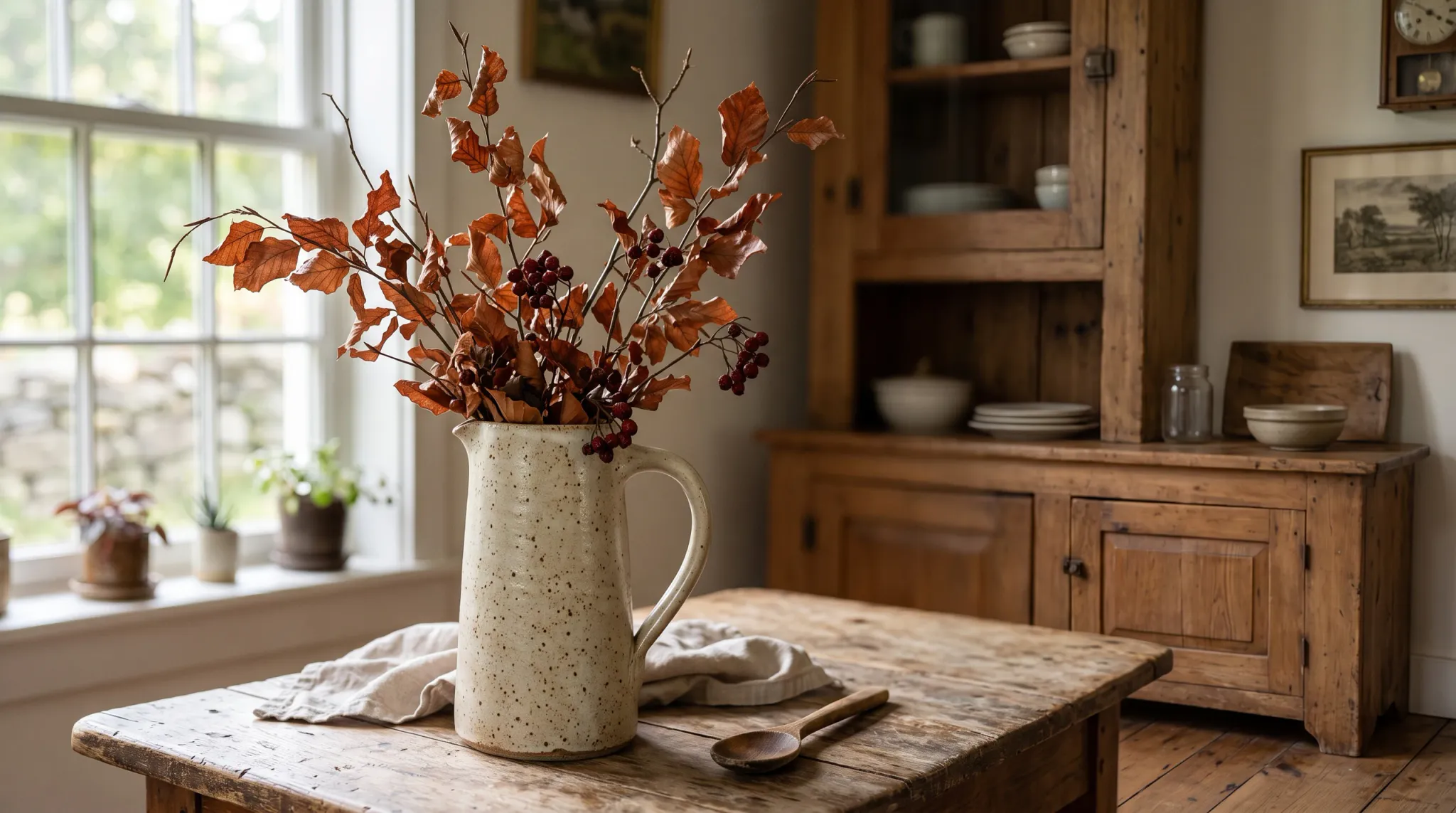 A cream speckled ceramic pitcher filled with dried brown leafy branches and clusters of dark red berries sits on a rustic wooden table in a warmly lit dining room. A wooden spoon and folded light cloth rest nearby, with a large window on the left and a wooden hutch displaying dishes in the background.