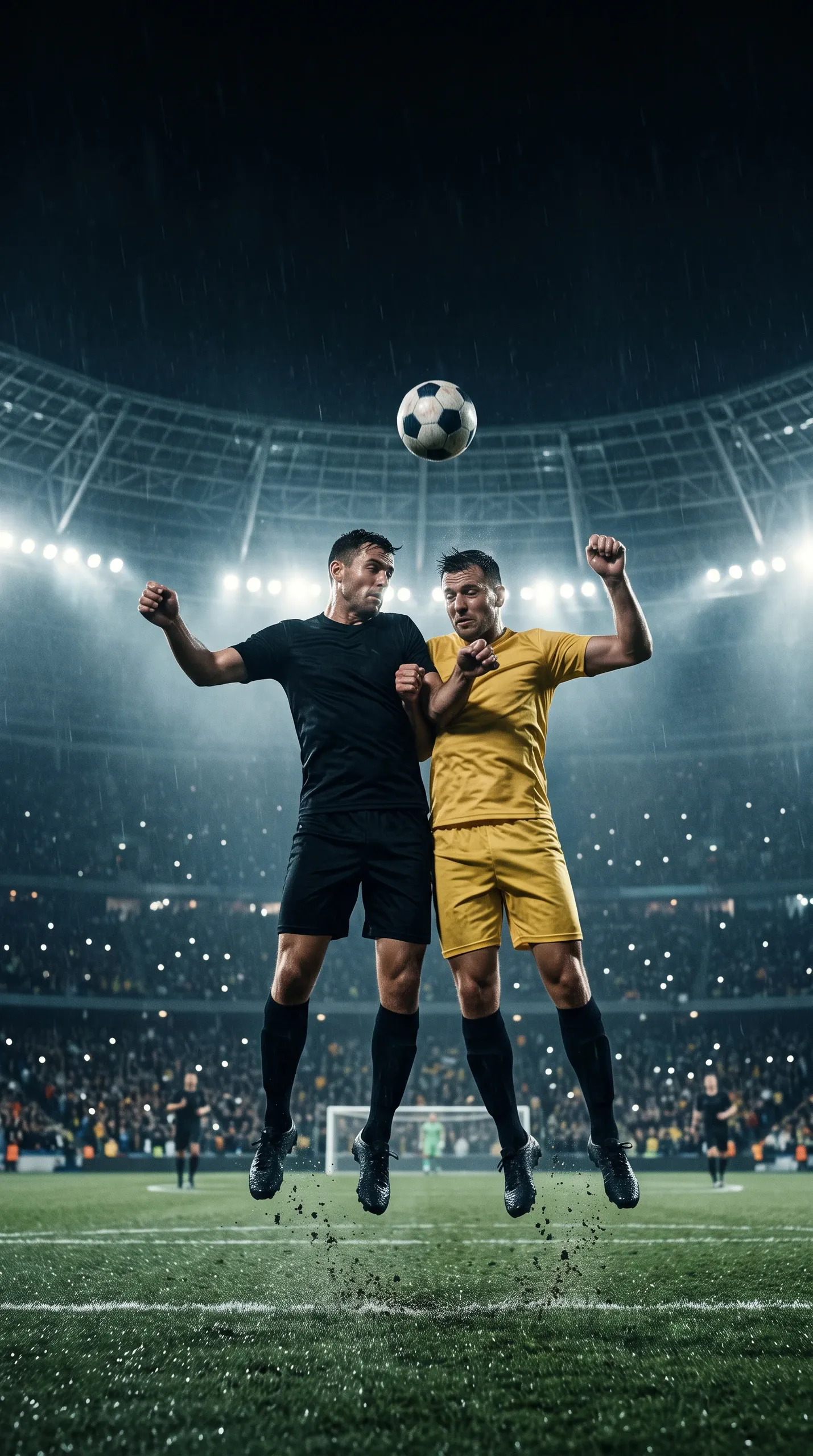 Two male soccer players, one in a black uniform and the other in a yellow uniform, jump in mid-air to head a soccer ball under bright stadium floodlights at night during light rain.