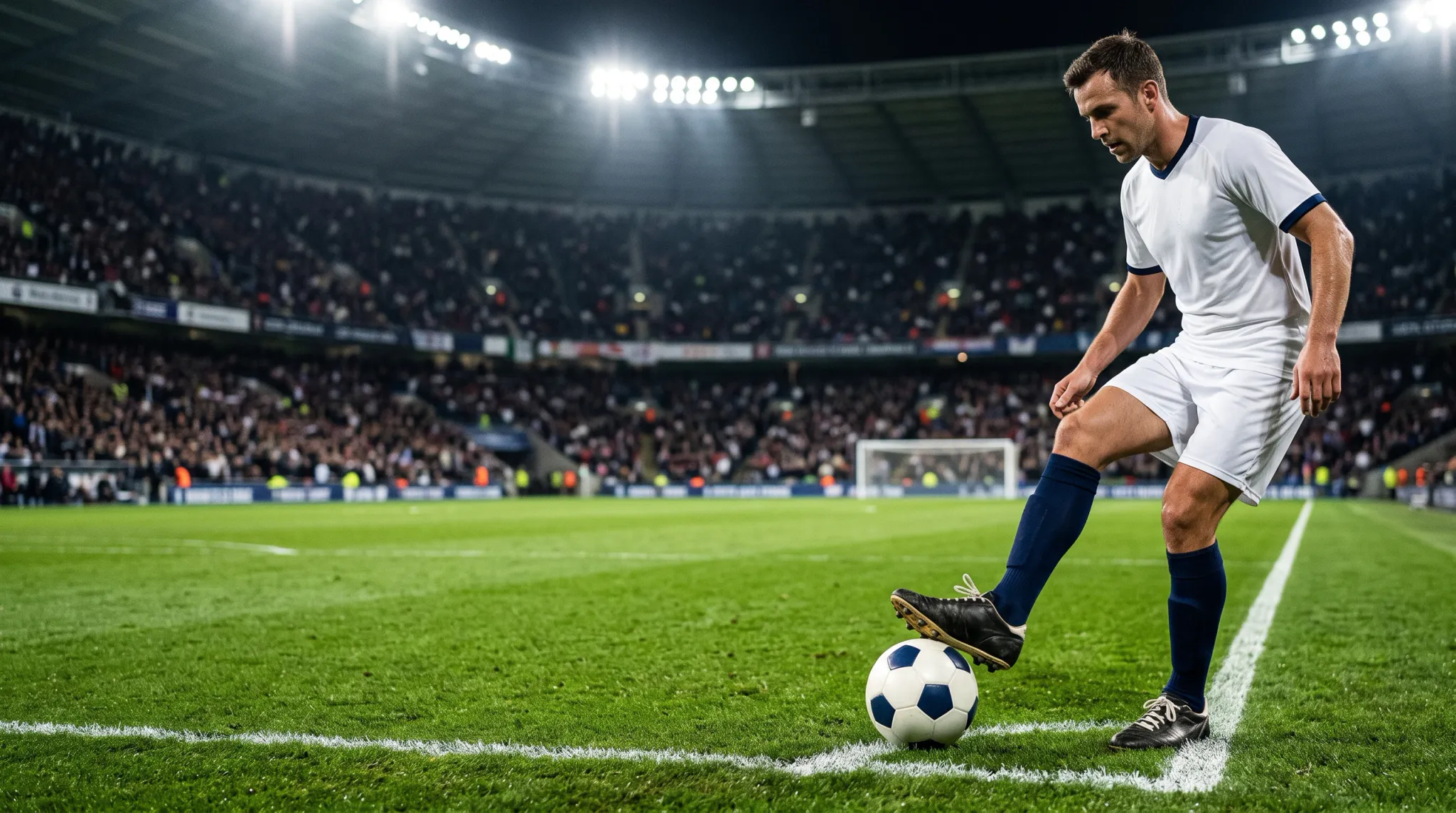A male soccer player dressed in a white uniform stands on a lush green pitch with his right cleat resting on the soccer ball at the corner arc. The match takes place at night under powerful stadium floodlights, with thousands of spectators filling the grandstands in the background and a soccer goal visible in the distance.