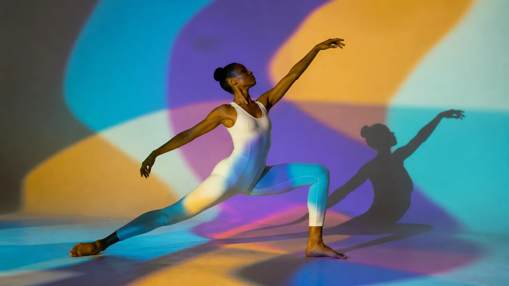 A female dancer wearing a white sleeveless unitard strikes an expressive lunge pose across a studio floor illuminated with vibrant abstract projections of cyan, yellow, and violet light, with her shadow cast onto the background.