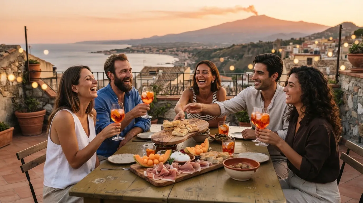 A group of five smiling young adults gather around a rustic wooden dining table on a rooftop terrace during golden hour sunset. They are enjoying an Italian-style aperitivo with bright orange spritz cocktails in stemmed wine glasses, sharing wooden platters of prosciutto, melon, burrata, and freshly sliced focaccia. The open-air terrace is framed by terracotta planters, warm string lights, and a stone balustrade overlooking a picturesque coastal town, the calm sea, and a distant smoking volcano under an orange and pink dusk sky.