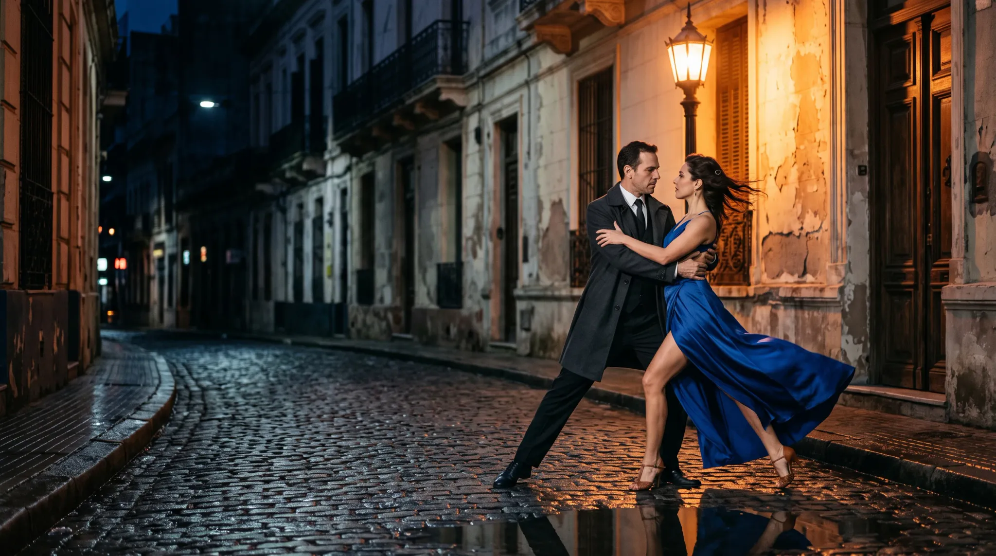 A man and woman perform a dramatic Argentine tango pose on a wet cobblestone street at night. The man wears a dark tailored coat, white shirt, tie, black trousers, and leather dress shoes. The woman wears a vibrant royal blue sleeveless gown with a thigh-high slit and tan strappy high heels. A vintage wall-mounted street lamp casts warm amber light across the weathered building facade and damp pavement.