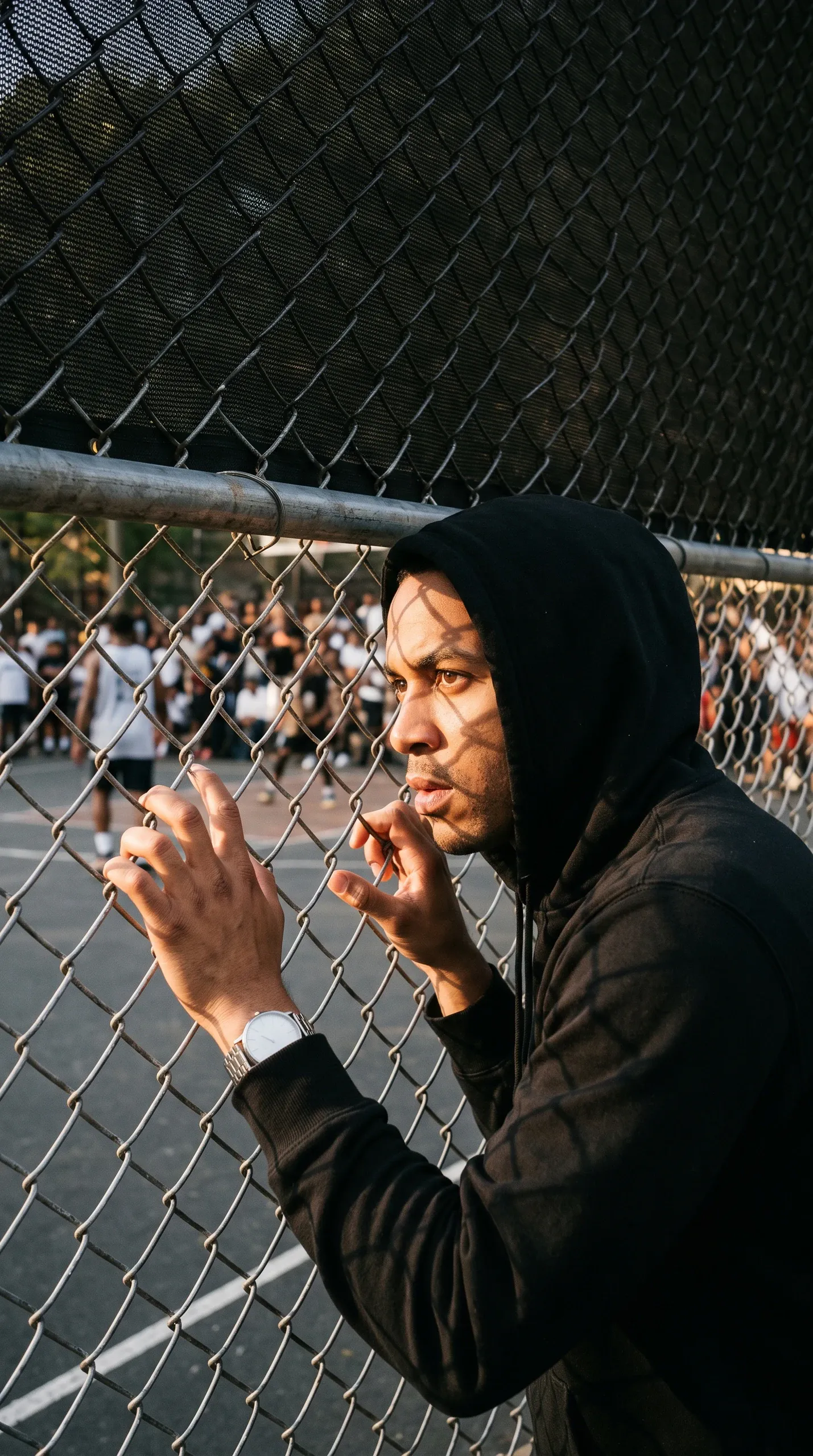 A young adult man wearing a black hooded sweatshirt stands behind a chain-link fence, looking intently toward an outdoor basketball court. Late afternoon sunlight casts strong fence shadows across his face as he grips the metal wire mesh with both hands. A crowd of players and spectators is visible in the soft-focus background.