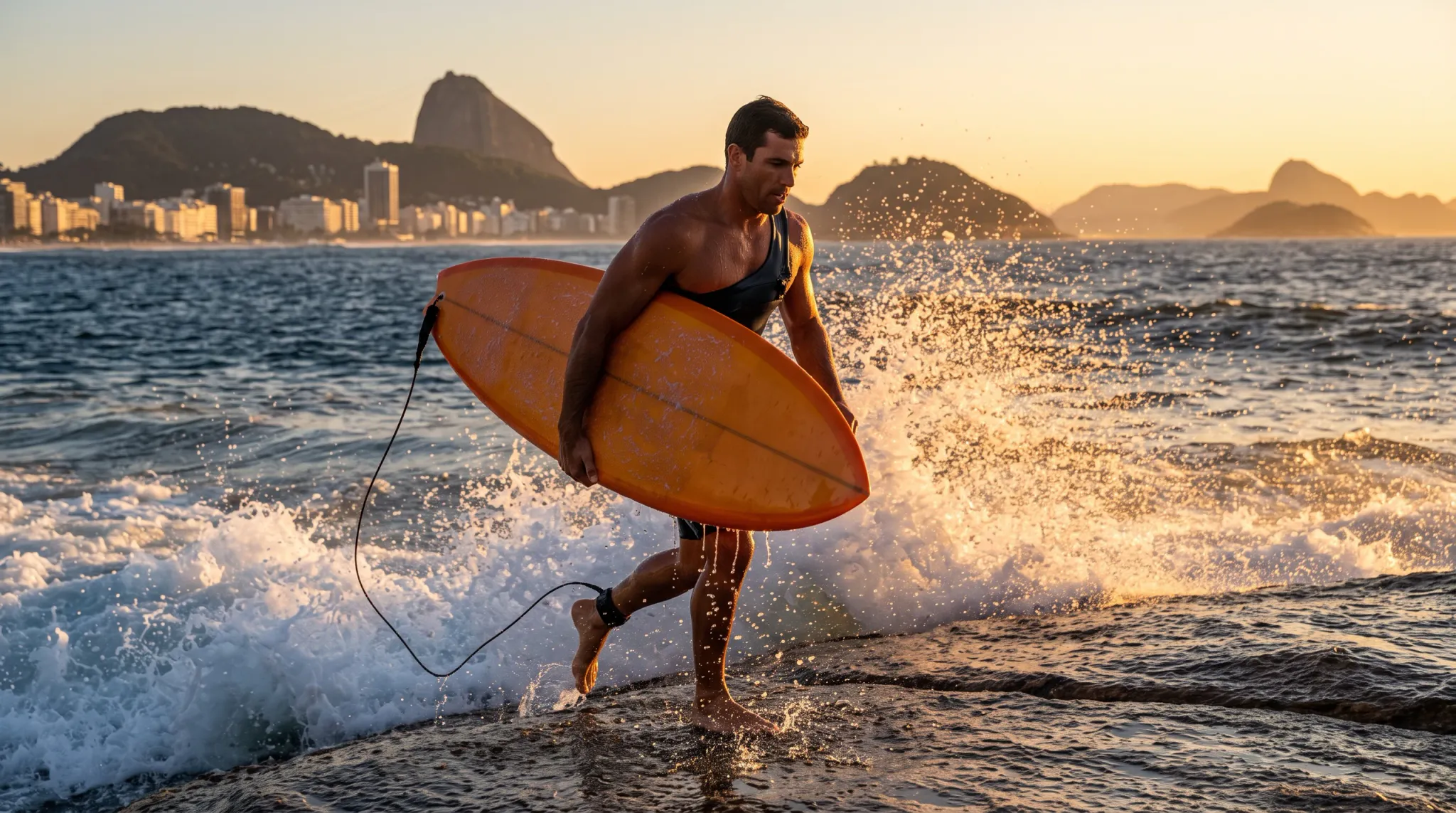 A bare-chested athletic young adult male surfer walks out of the ocean at sunset carrying a large orange surfboard under his arm. He wears only black board shorts and has a surf leash attached to his left ankle. Waves crash and spray around him dramatically. In the background, a coastal city skyline and large silhouetted mountains are visible under a warm golden-orange sunset sky. He wears no hat, glasses, jewelry or other accessories except the ankle leash. His expression is focused, looking downward slightly to his right.