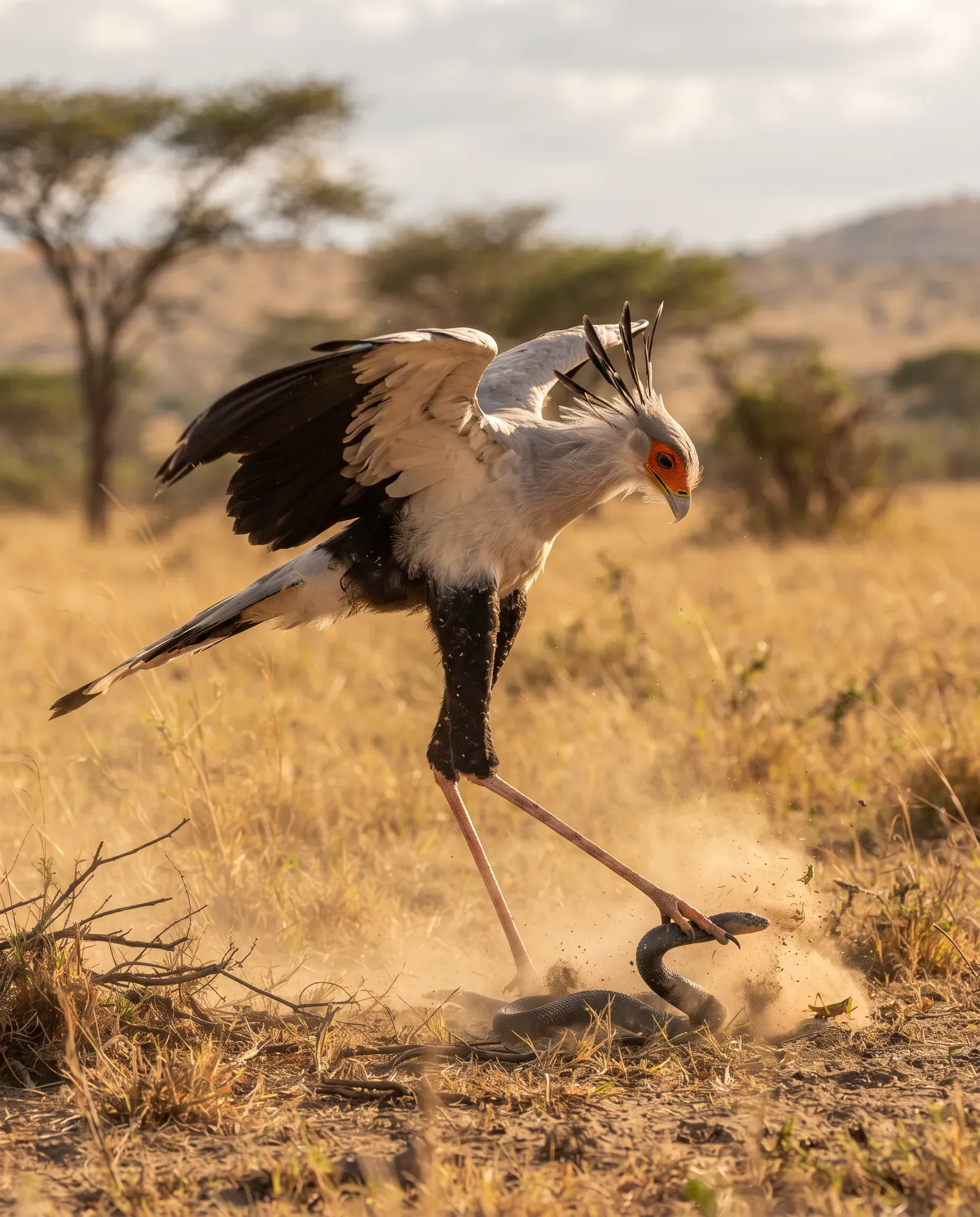 An adult secretarybird hunts a black snake on the dry ground of an African savanna, spreading its wings for balance as it stomps down with its talons, kicking up a puff of dust in warm golden sunlight.