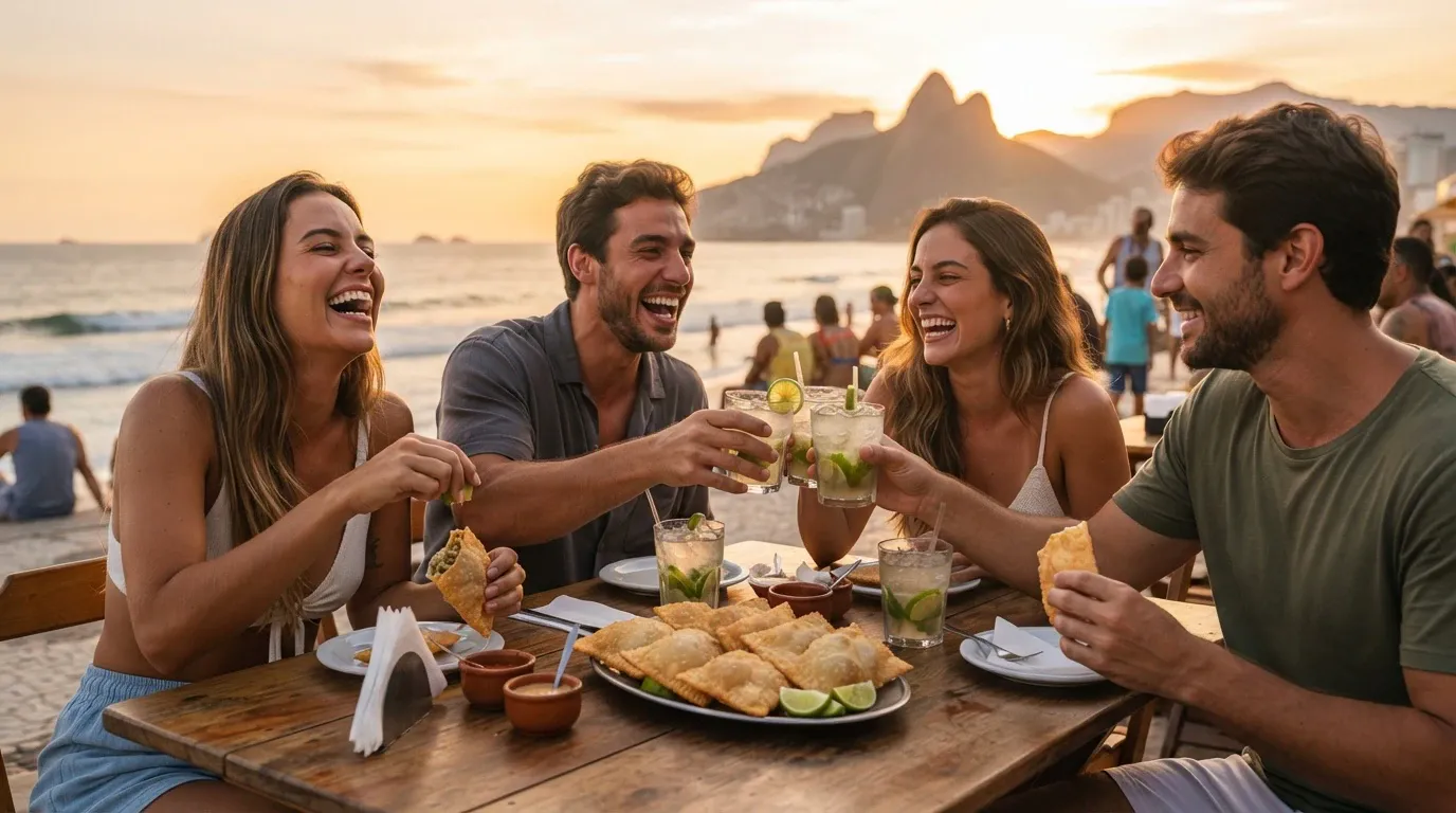 A cheerful group of four young adult friends sits around a rustic wooden table at an outdoor seaside kiosk during sunset, laughing, eating fried turnovers, and toasting with glasses of iced cocktails with lime slices against a scenic beach and coastal mountain background.