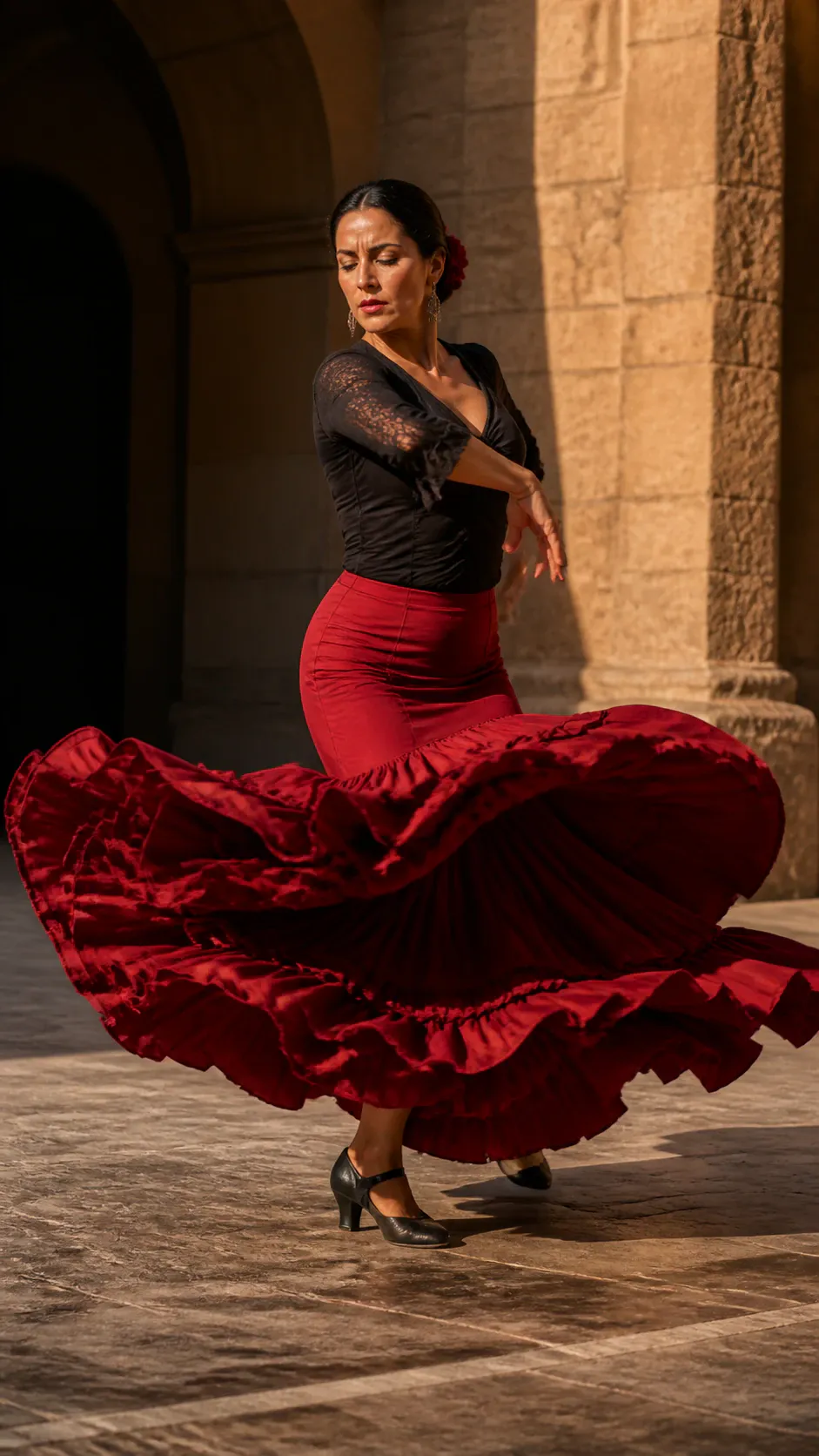 A female flamenco dancer with dark hair swept into a low bun spins in front of an arched stone building, wearing a fitted black top, a wide ruffled red skirt swirling mid-motion, and black strapped heel shoes.