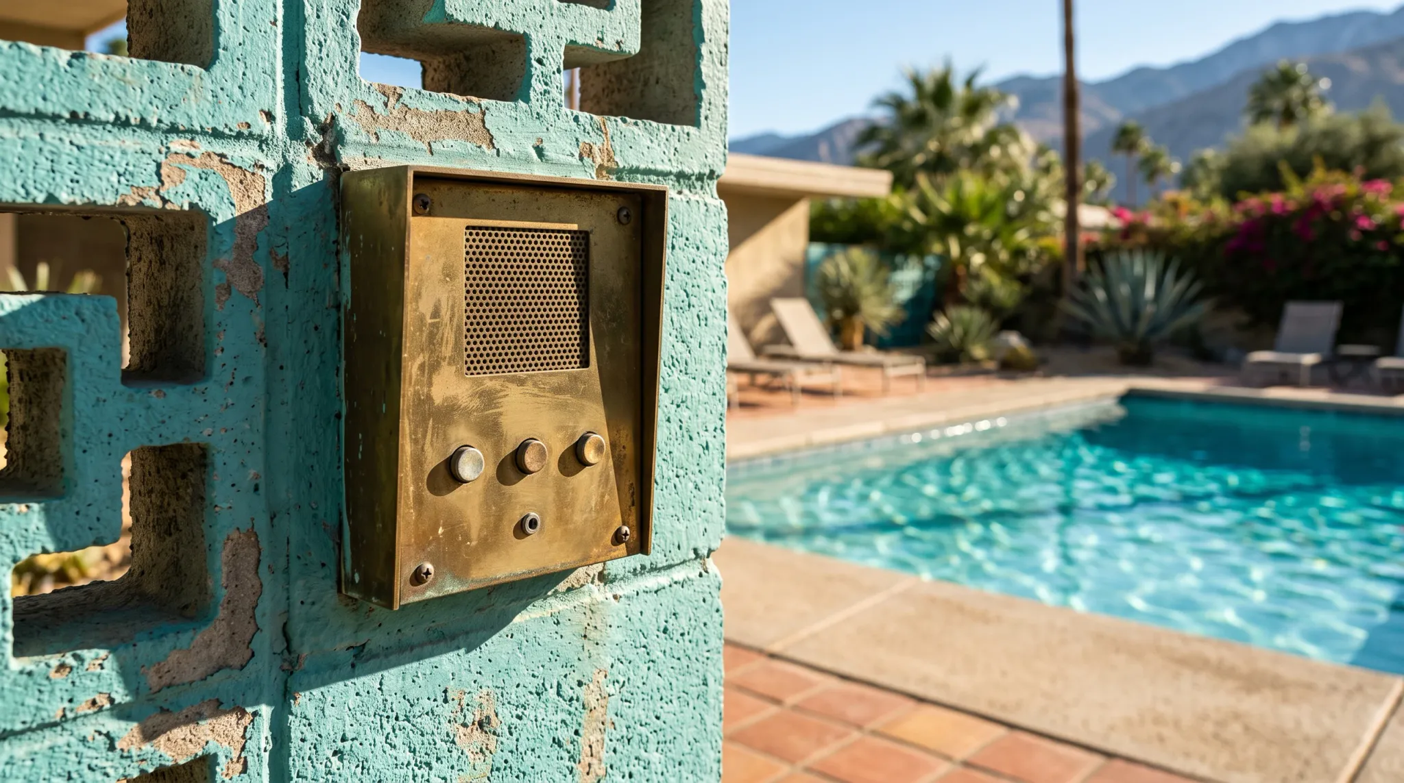 A weathered brass intercom panel with three push-buttons and a perforated speaker grille is mounted flush into a decorative teal-painted concrete breeze-block (screen block) wall. The paint is visibly chipping and aged. In the background, slightly out of focus, a rectangular turquoise swimming pool is flanked by terracotta-tiled patio, two sun loungers, agave plants, palm trees, bougainvillea shrubs with pink flowers, a low mid-century modern building, and a mountain range under a clear blue sky. The overall setting strongly evokes a mid-century desert resort or Palm Springs–style property. No people are present.