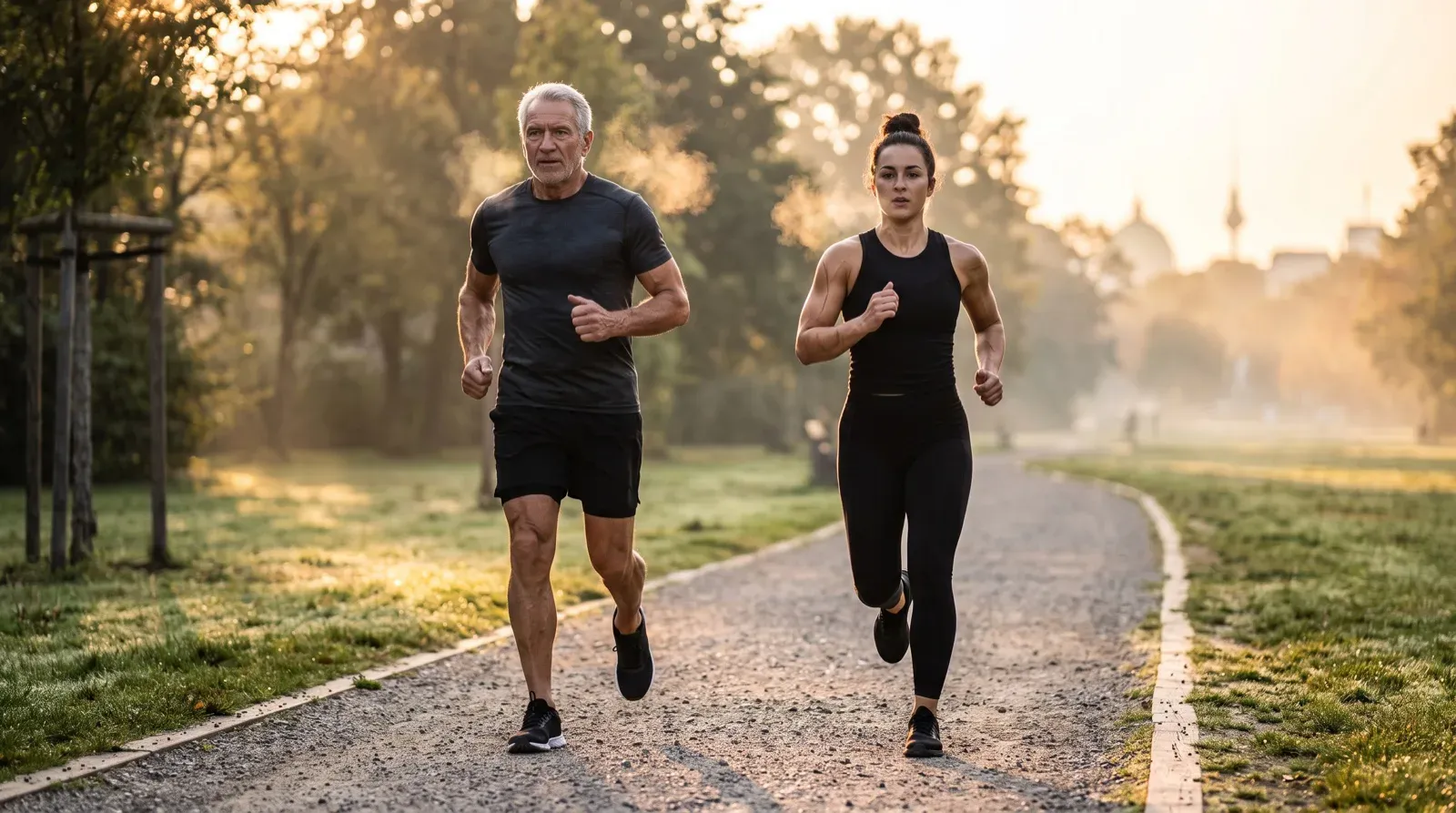 An older grey-haired man and an adult woman run side by side along a gravel path in an urban park during a misty morning. Both wear black and dark athletic training clothes and running shoes as golden backlight illuminates mist and breath vapor behind them.