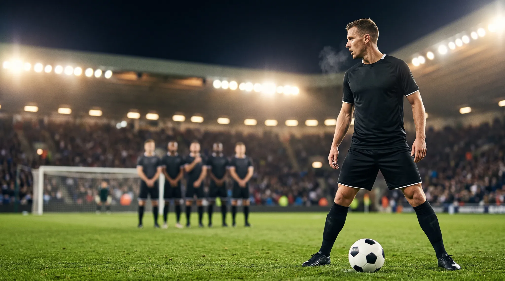 A male soccer player dressed in an all-black uniform stands with feet apart over a soccer ball on a brightly illuminated stadium pitch at night, with breath visible in the cool air, facing toward a defensive wall of opposing players lined up before the goal.