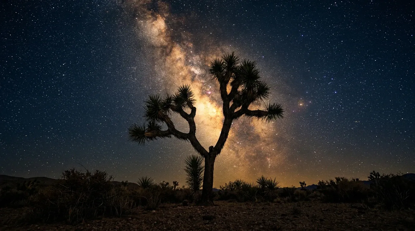A wide-angle landscape photograph capturing a prominent Joshua tree silhouetted against the glowing galactic core of the Milky Way. The clear, dark desert sky is filled with dense stars and cosmic dust clouds, while the rocky foreground features sparse desert vegetation and low yucca shrubs under faint nocturnal illumination.