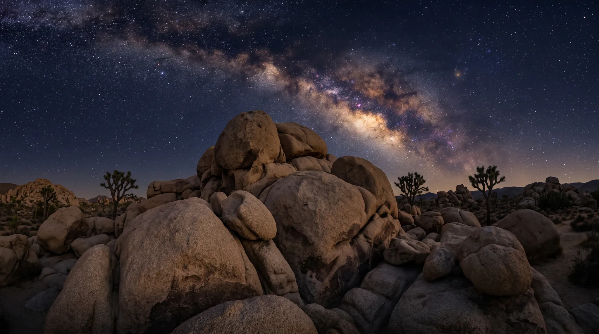 Wide color landscape photograph of a rugged desert rock formation beneath a bright, densely star-filled Milky Way at night. Large weathered boulders dominate the foreground, with several branching Joshua-tree-like yucca silhouettes across the rocky desert landscape and distant low mountains along the horizon.