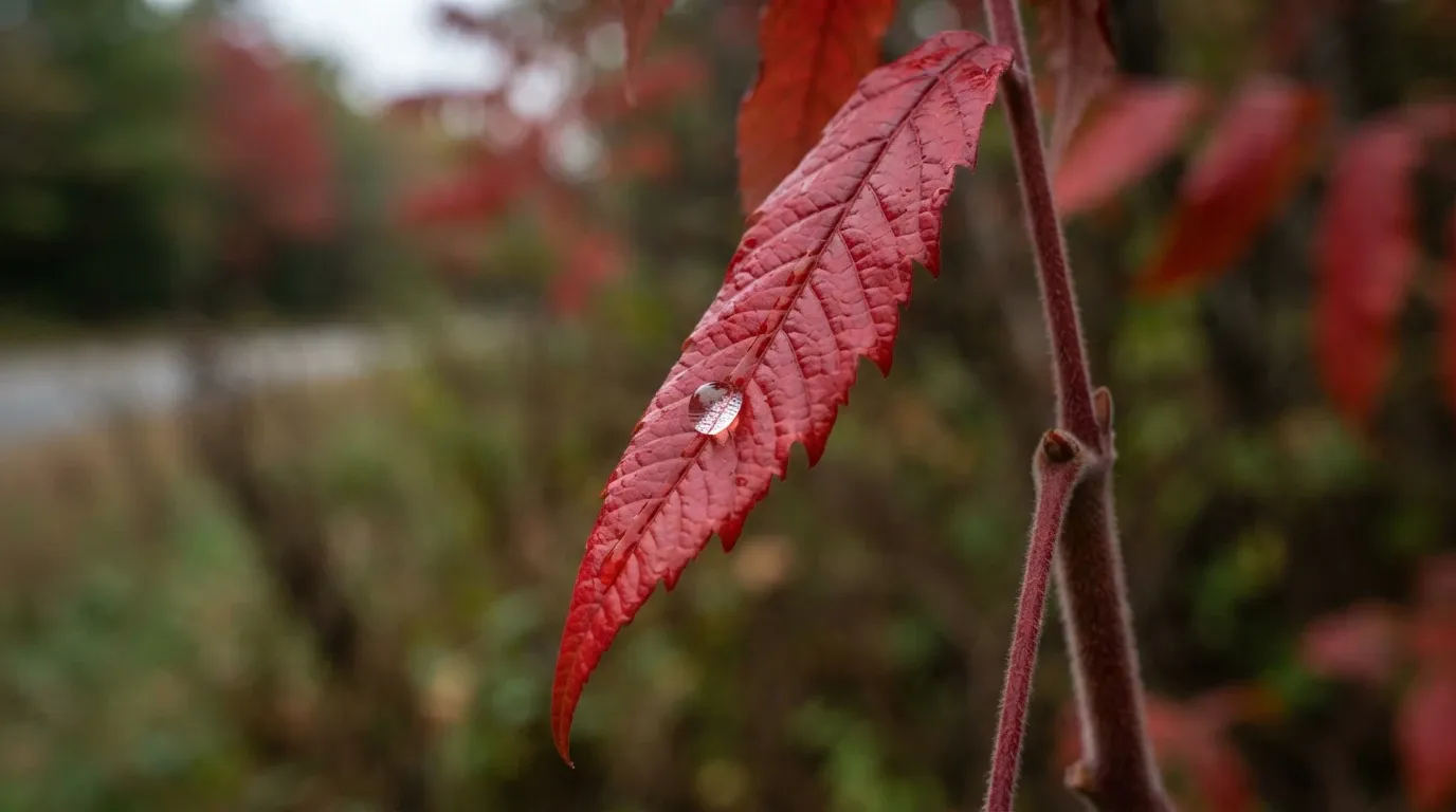 A close-up shot of a bright red serrated autumn leaf with a clear water droplet resting on its textured surface, attached to a fuzzy reddish stem with soft blurred foliage in the background.