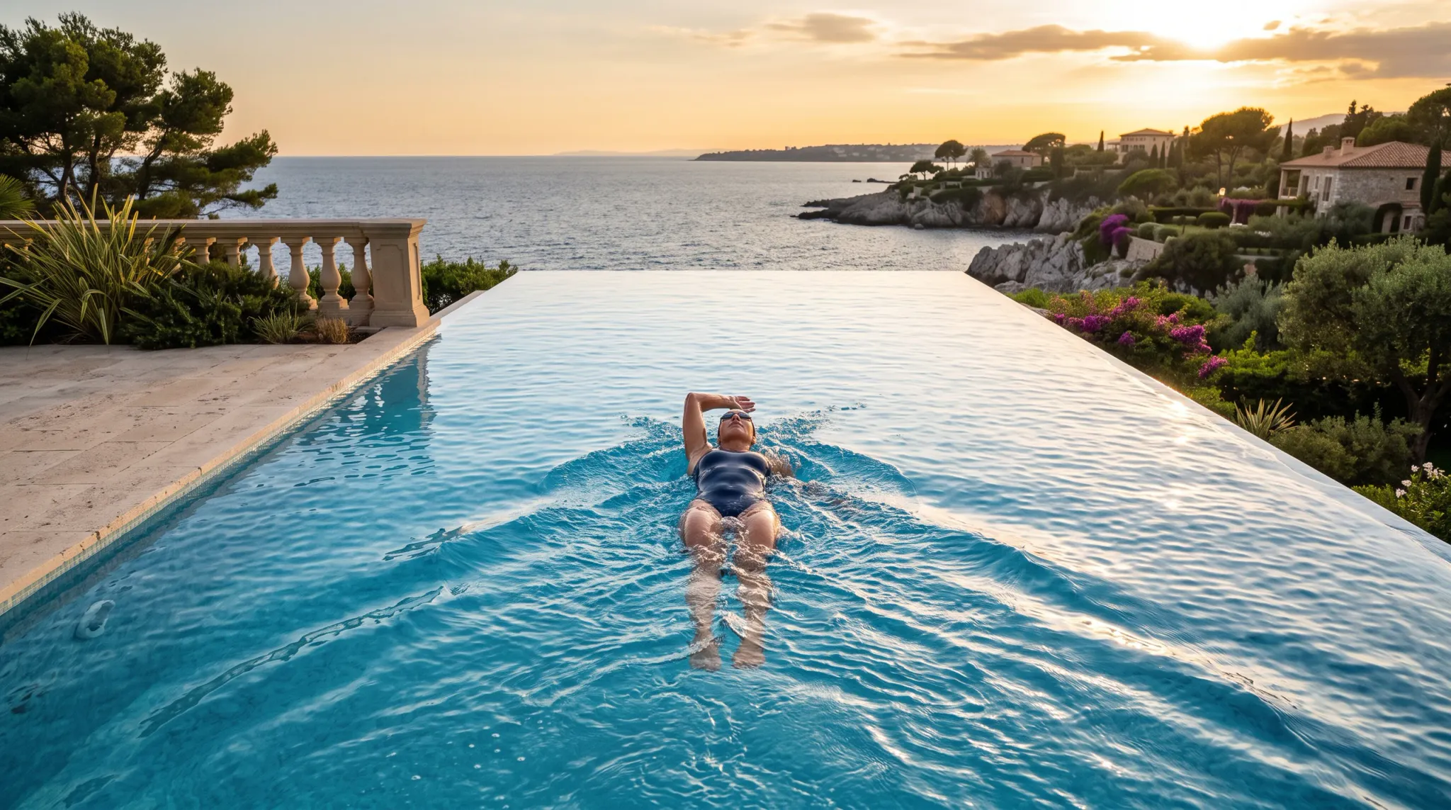 A woman in a navy one-piece swimsuit and goggles swims backstroke in a luxury infinity pool overlooking a rocky Mediterranean coastline and the open ocean under a warm sunset sky.