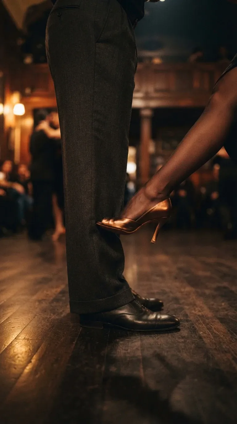 A close-up, low-angle vertical photograph focusing on the legs and feet of two Argentine tango dancers on a polished dark wood floor. The male dancer stands upright wearing charcoal gray cuffed trousers and polished black leather dress shoes. The female dancer wears sheer black hosiery and a metallic bronze open-toe high-heeled dance shoe, with her raised, bent leg hooking the inner arch of her heel intimately against the back of his calf in a classic tango adornment. In the warm, softly blurred background, ambient lamps illuminate a dimly lit ballroom with other patrons.
