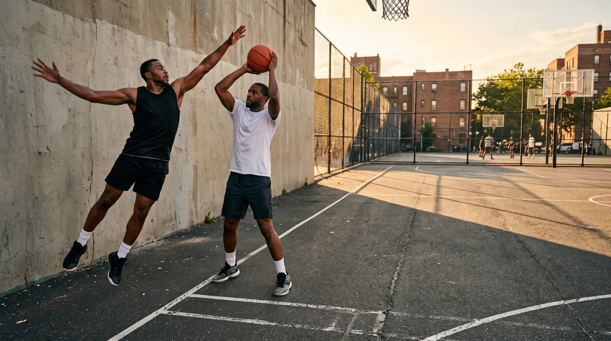Two athletic Black men play basketball on an outdoor urban asphalt court during the late afternoon. One player stands poised to shoot or pass the orange basketball overhead, while the other leaps high into the air with arms outstretched to block the play beside a tall concrete wall, with residential apartment buildings and distant players in the background.