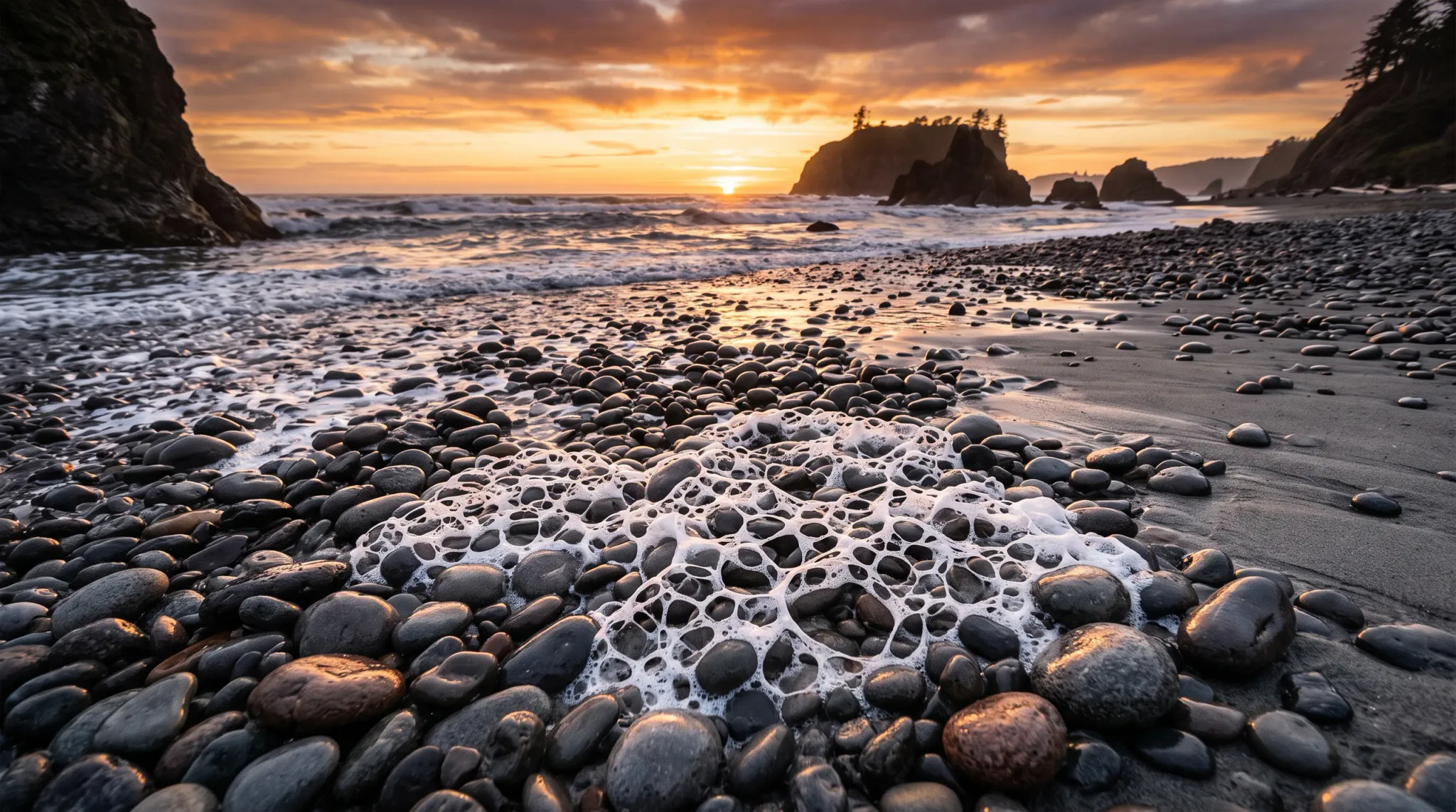 A low-angle view of a rocky coastline at sunset with delicate sea foam blanketing smooth pebbles in the foreground, rolling ocean waves, and prominent sea stacks topped with trees in the background.