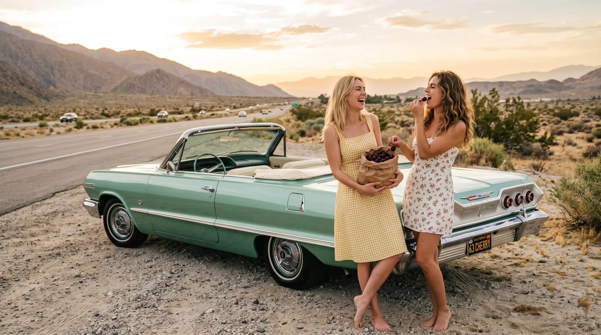 Two young women take a break on a road trip, standing barefoot beside a classic, light green vintage convertible parked along a desert highway at golden hour. The woman on the left wears a yellow and white gingham sundress and holds a brown paper bag full of fresh cherries, laughing joyfully. Her friend on the right, dressed in a white floral sundress, leans against the rear of the car as she eats a cherry, also laughing. The setting sun casts a warm, soft glow over the arid, mountainous landscape stretching out behind them, highlighting their relaxed, carefree summer vibe.