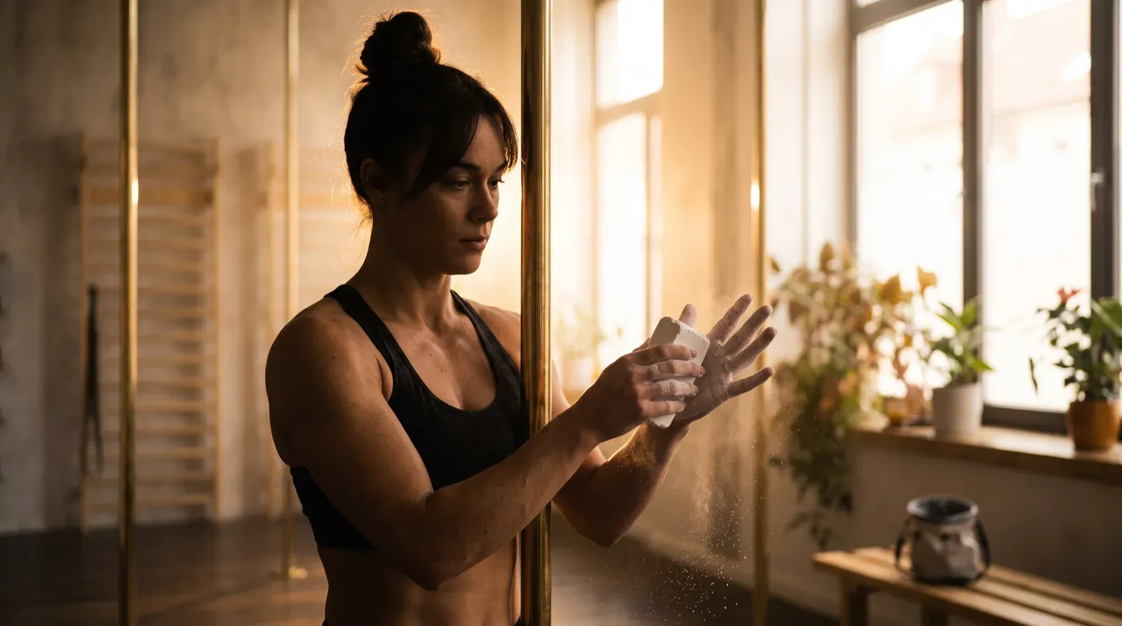 A focused woman in a black sports bra rubs a white chalk block onto her open hand, sending fine dust particles into the warm backlit studio air beside a brass dance pole.