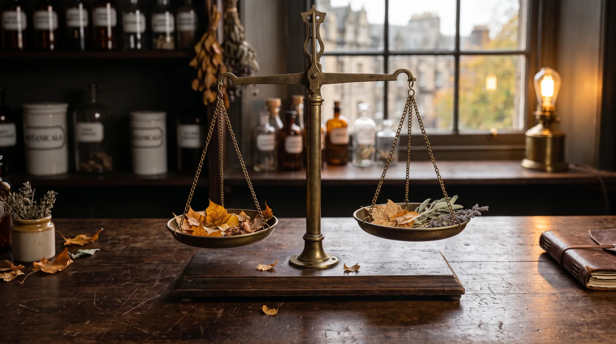 A vintage metal pan balance sits centered on a dark wooden table, with dried autumn leaves in the left pan and dried leaves plus lavender sprigs in the right pan. Shelves of bottles, a window, and a glowing lamp create a softly lit indoor apothecary-style setting.