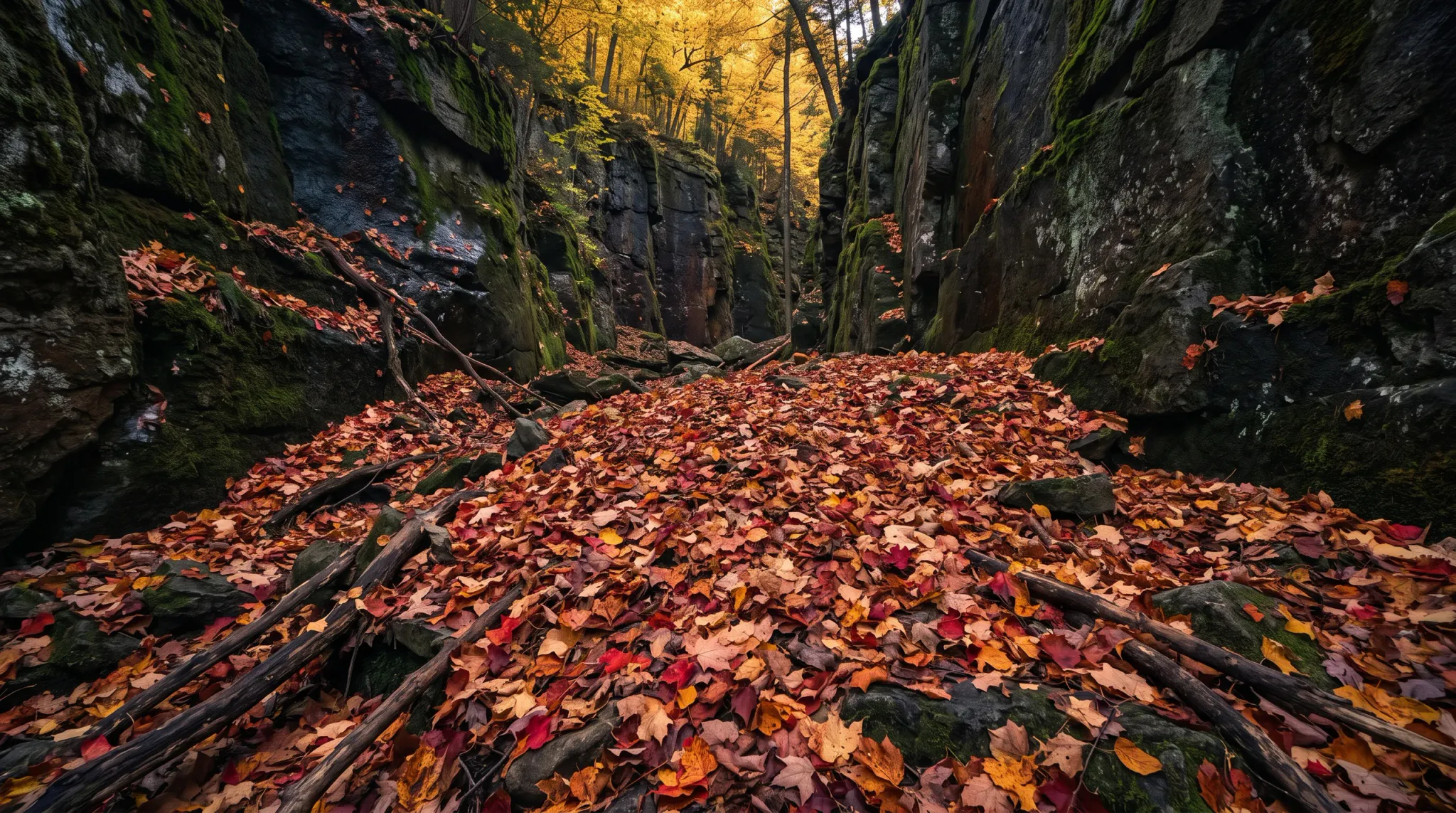 A wide, low-perspective view into a narrow rocky forest ravine. Dark moss-covered rock walls frame a trail-like floor densely covered with red, orange, brown, and yellow fallen leaves, while tall autumn-colored trees and warm sunlight appear in the background.