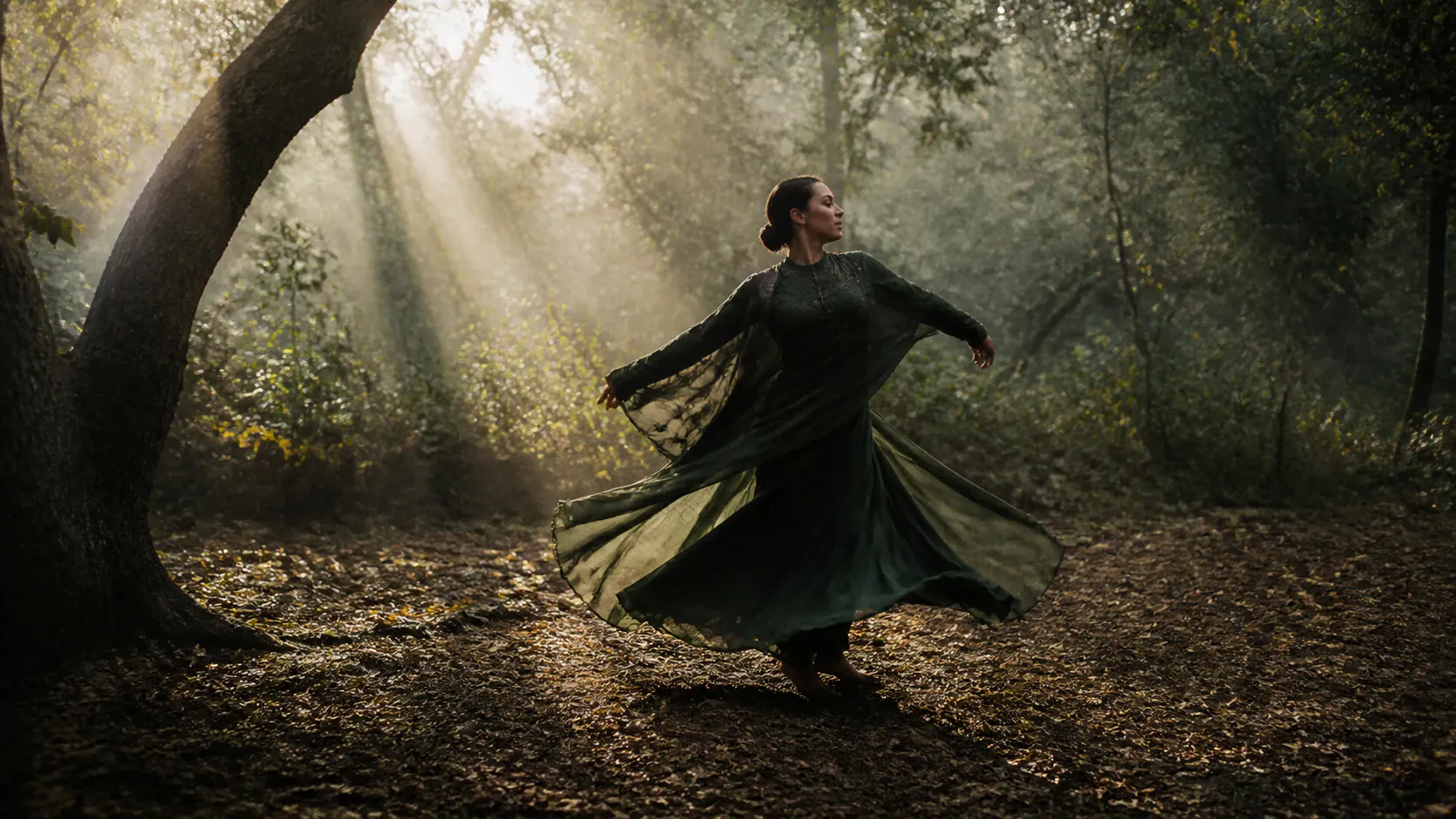 A woman in a full-length, long-sleeved green dress twirls gracefully in a sun-dappled forest clearing. Atmospheric sunbeams stream through the dense tree canopy and mist, backlighting the dancer as her skirt billows outward in motion.