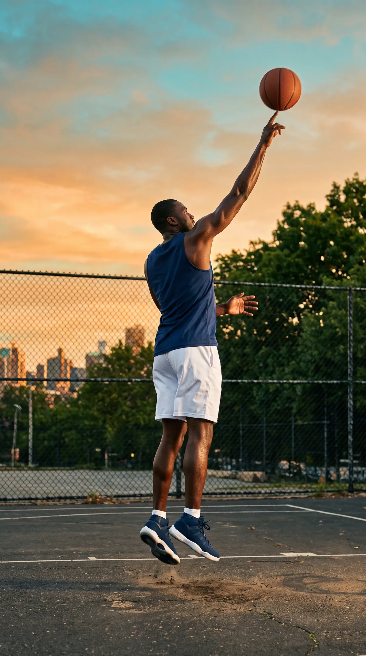Full-body shot of an athletic man in mid-air on an outdoor basketball court at sunset, spinning a basketball on the index finger of his outstretched right arm. He wears a navy blue tank top, white athletic shorts, white crew socks, and navy blue athletic sneakers. In the background, a chain-link fence separates the court from lush green trees and a distant city skyline glowing under warm evening clouds.
