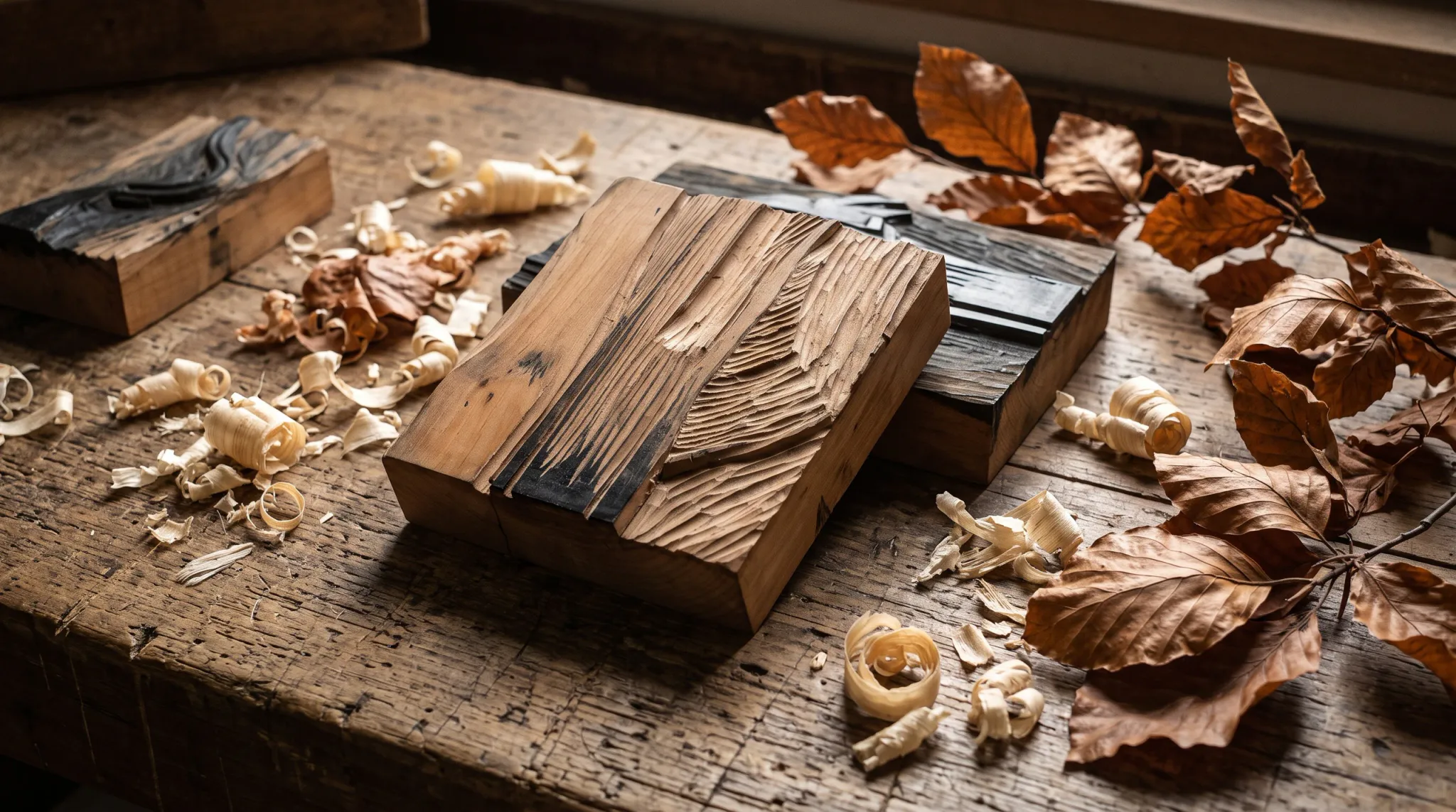 A still life view of hand-carved wooden printing blocks resting on a weathered rustic workbench, surrounded by delicate wood shavings and dried autumn beech leaves under soft natural side lighting.