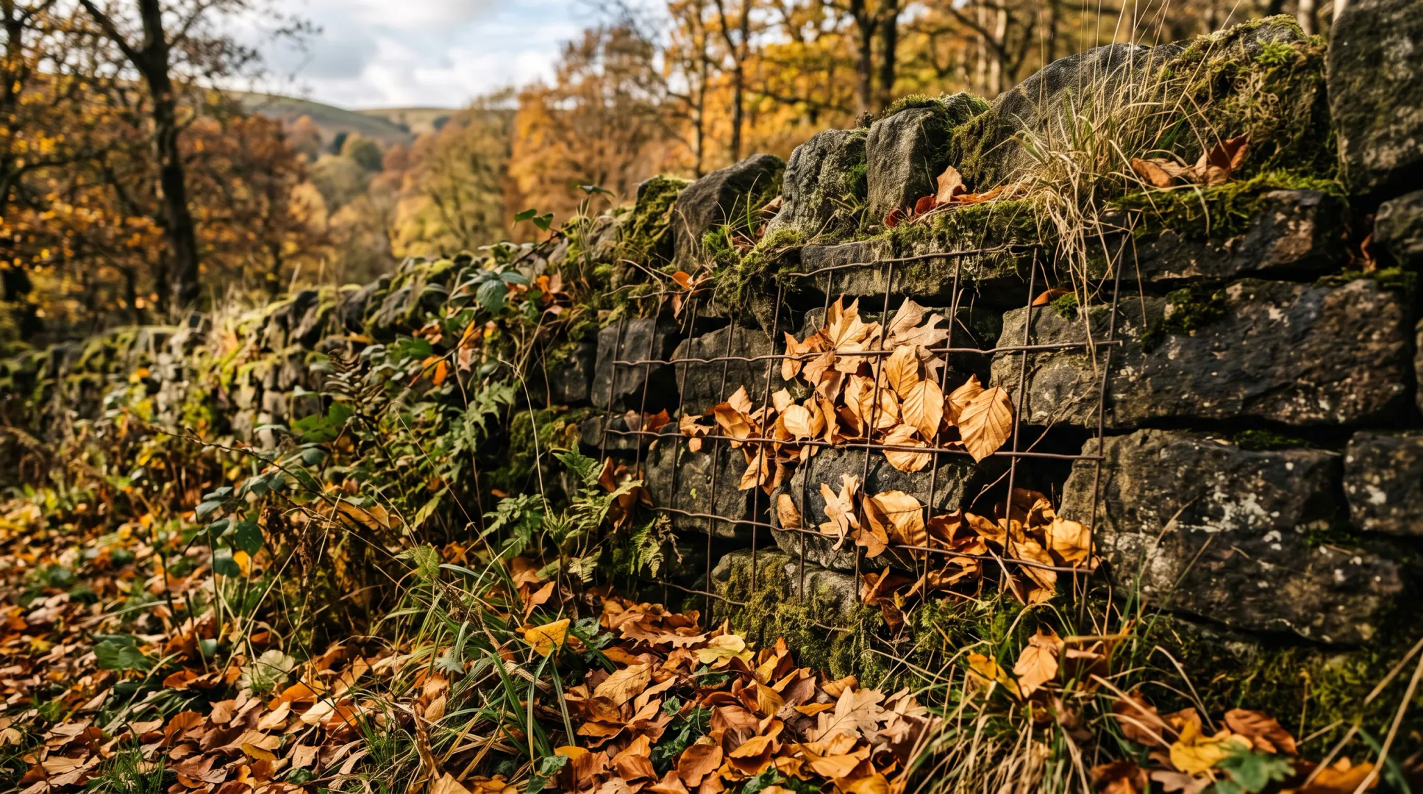 A sunlit rustic stone wall and wire fence run through an autumn woodland, heavily covered with green moss, ivy, grasses, and fallen orange-brown leaves. Rolling wooded hills appear softly blurred in the background.