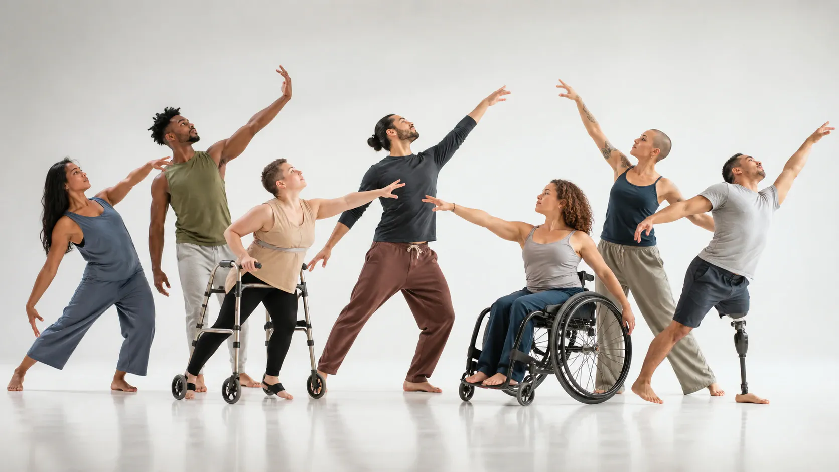 A diverse group of seven contemporary dancers, including performers with disabilities using a walker, a wheelchair, and a lower-limb prosthetic blade, strike dynamic expressive poses across a bright white studio set.