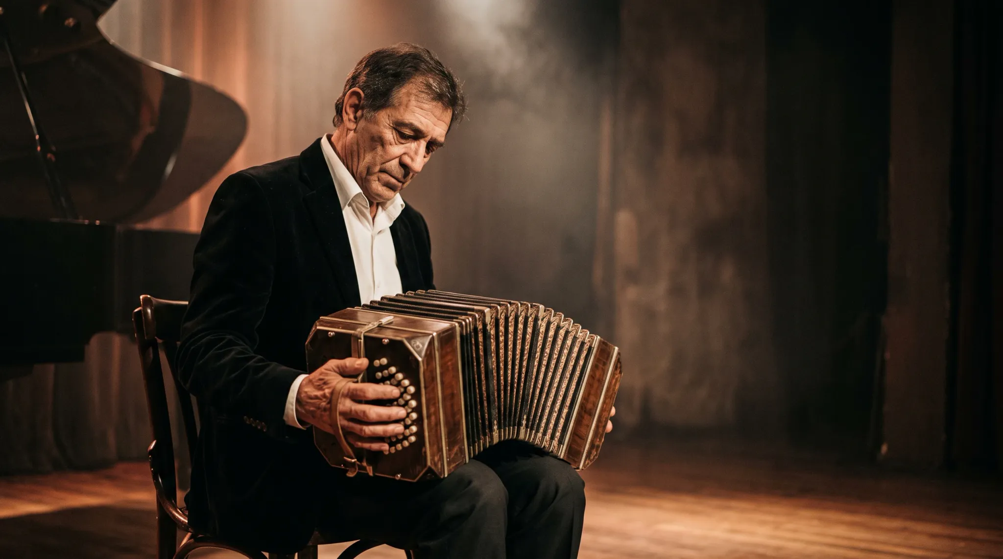 A mature man in a black blazer and white collared shirt sits on a wooden chair on a theater stage, playing a wooden bandoneon accordion under dramatic warm spotlighting, with a grand piano visible in the background.
