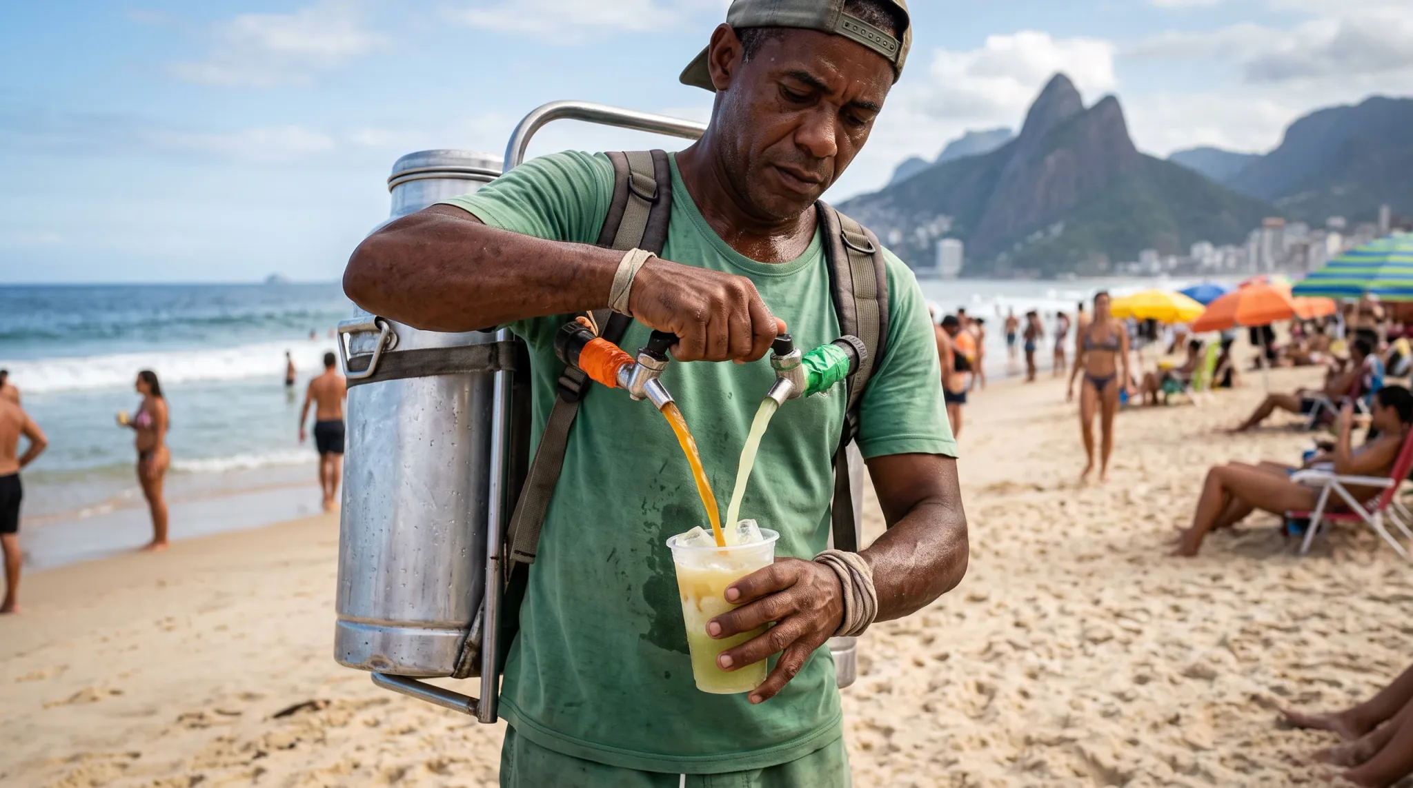 A man wearing a green t-shirt and an olive/khaki cap carries a large silver metal cylindrical keg on his back using a harness/backpack rig, using two taps to pour an orange-yellow liquid drink into a clear plastic cup filled with ice, on a sandy beach crowded with beachgoers. The background shows breaking ocean waves, colourful beach umbrellas, and a dramatic twin-peaked mountain range on the horizon under a partly cloudy sky. Multiple beachgoers are visible in the background lounging on chairs or walking near the water.