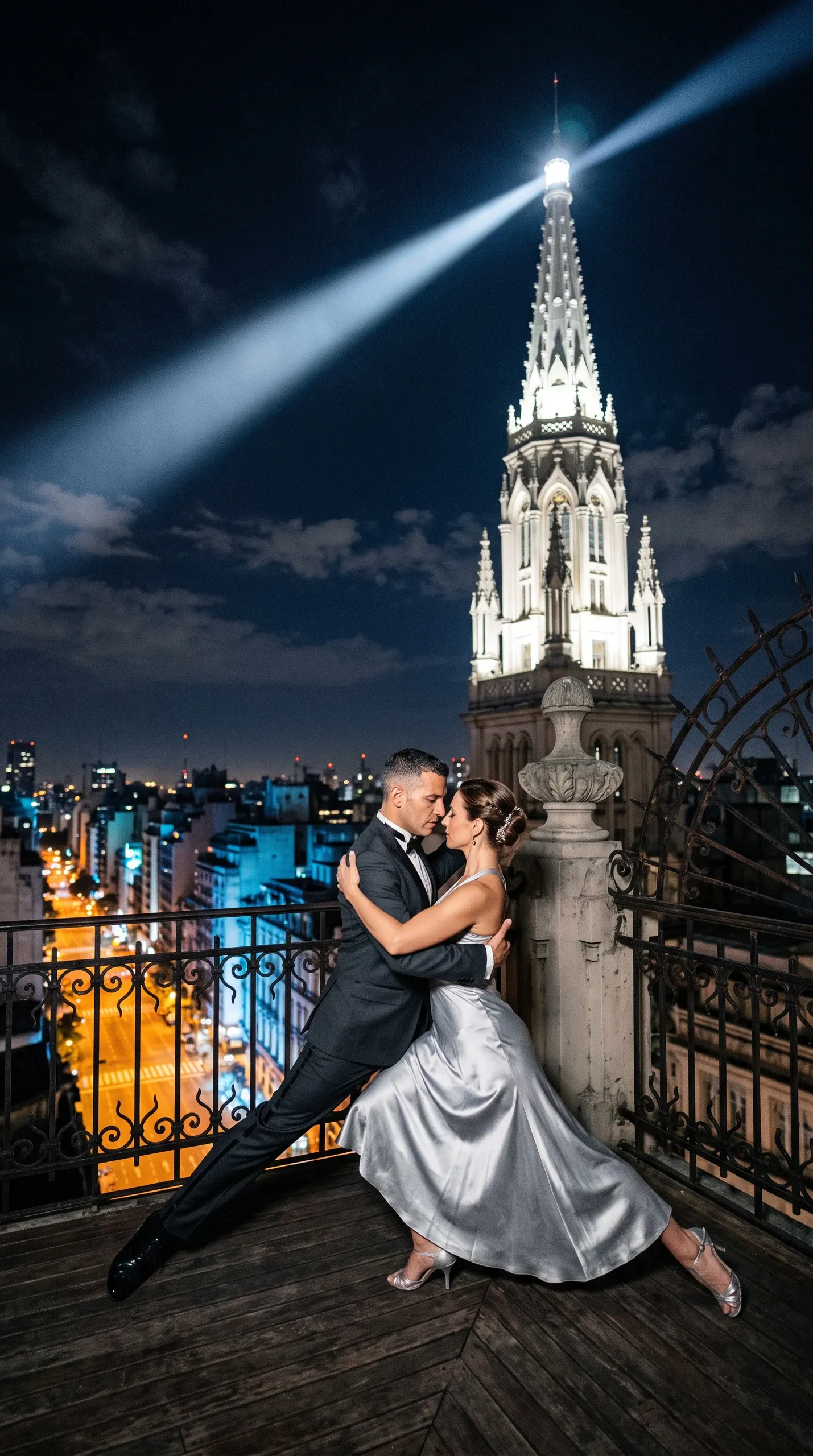 A couple performs an Argentine tango pose on a rooftop balcony overlooking an illuminated city at night. The man, dressed in a black tuxedo and bow tie, lunges back while embracing his partner. The woman, wearing a shimmering silver satin dress and heeled dance sandals, leans in close. In the background, a brightly illuminated ornate architectural spire projects a dramatic beam of light into the dark night sky.