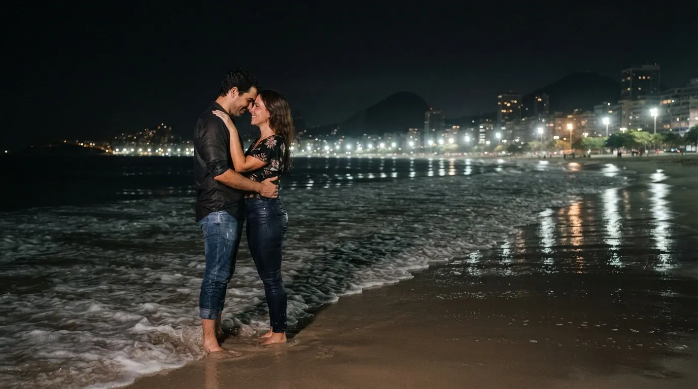 A smiling couple stands barefoot in the shallow foamy surf on a sandy beach at night. They embrace closely forehead to forehead, while illuminated city buildings and glowing street lights stretch along the bay in the background and reflect onto the wet tidal sand.