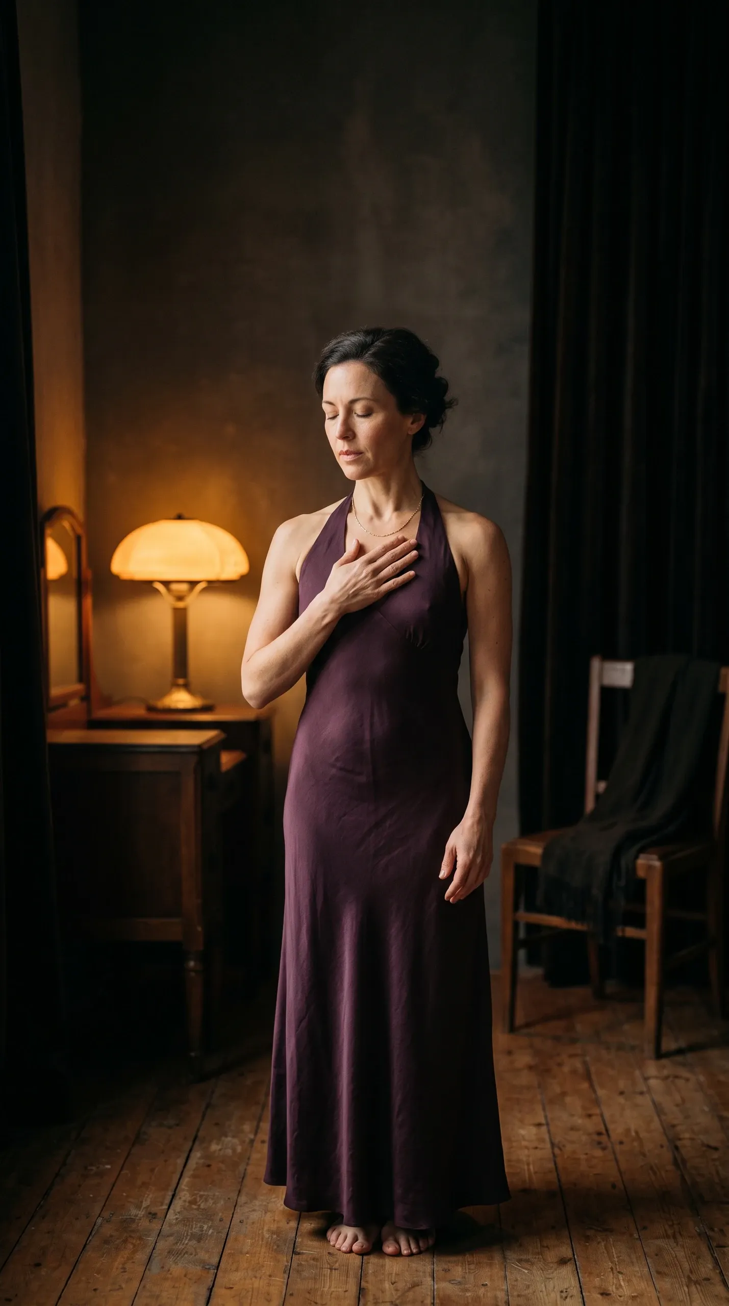 A full-length portrait of a serene woman standing barefoot on rustic wooden floorboards in a dimly lit room with her eyes closed and her right hand placed over her heart. She wears an ankle-length plum purple halter dress and a delicate metallic necklace. The moody setting features a warm glowing table lamp on a wooden side table to her left and a wooden chair to her right.