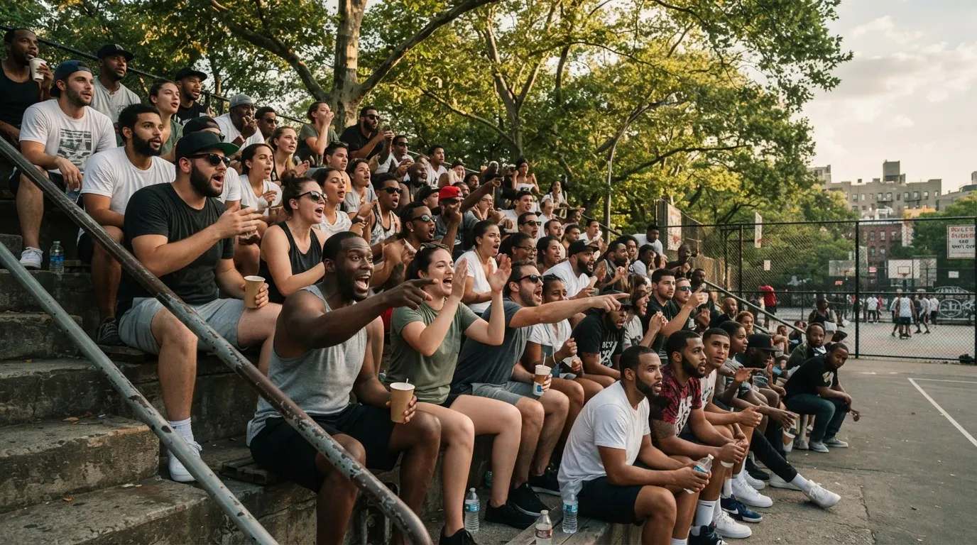 A large crowd of people sits on concrete bleachers next to an outdoor sports court, divided by a chain-link fence. The spectators are attentively watching, with a man in a grey tank top and black shorts in the foreground pointing and shouting in excitement. He holds a paper cup. Beside him, another man in a black t-shirt, shorts, backwards cap, and sunglasses watches while holding a cup. A woman behind them in a green t-shirt also points. Large trees provide a lush green background behind the sunny outdoor venue.
