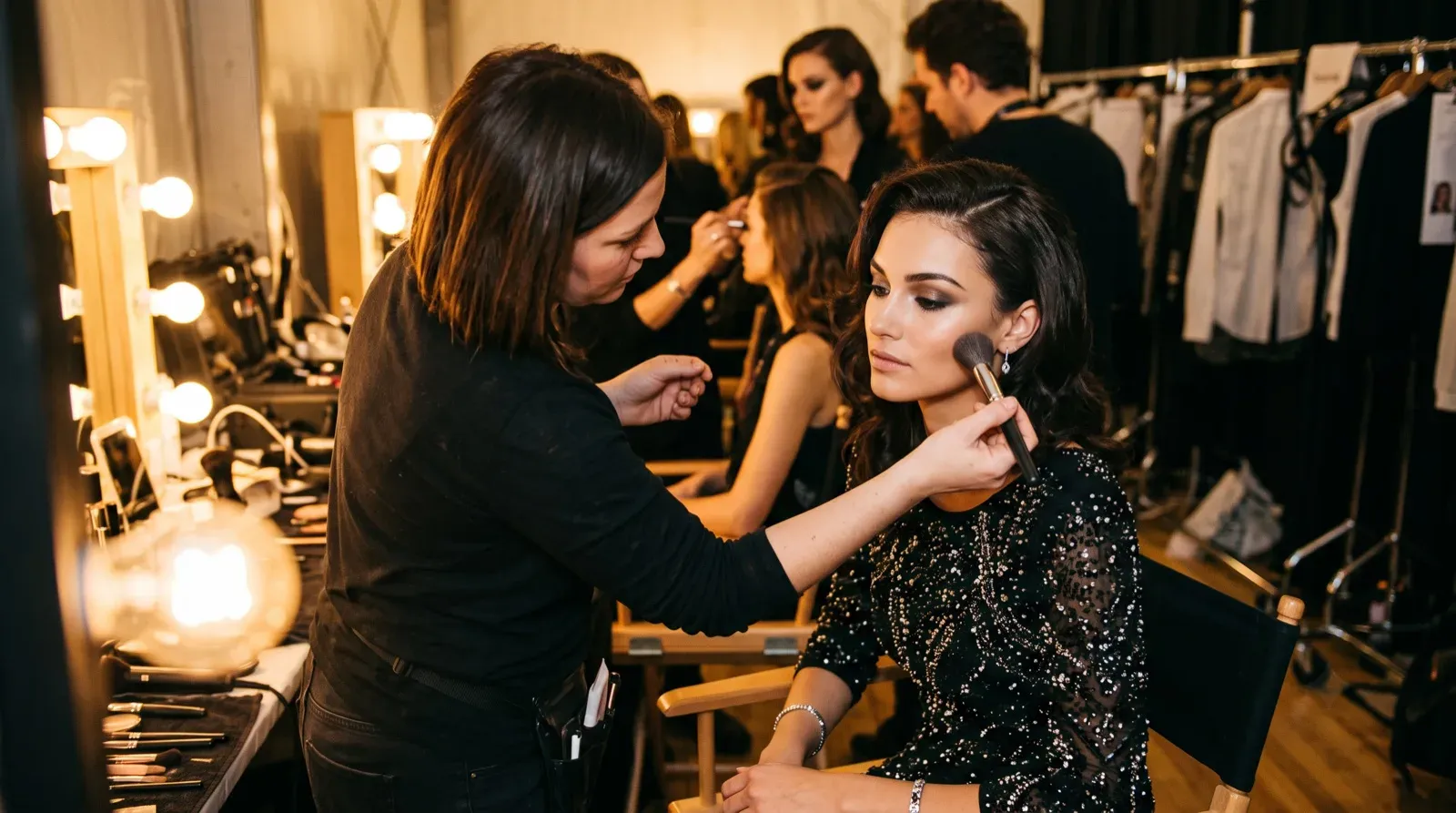 A makeup artist applies powder to a model's cheek using a cosmetic brush in a busy backstage prep room with vanity lights and clothing racks.