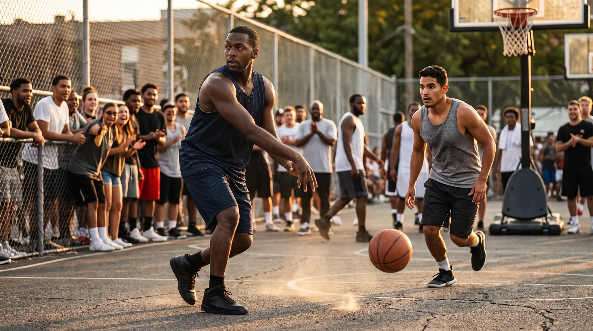 Two athletic men play basketball on an outdoor asphalt court in the warm afternoon sunlight. In the foreground, a player wearing a navy sleeveless tank top and matching shorts moves near the bouncing basketball, while an opposing player in a grey tank top and black shorts leans forward defensively. In the background, a crowd of spectators watches and cheers from along the chain-link fence near a basketball hoop.