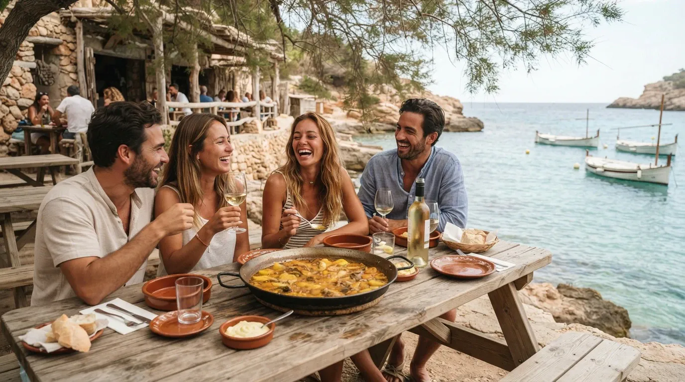 A group of four young adult friends—two men and two women—sit together at a rustic wooden picnic table, laughing joyfully while sharing a large pan of traditional seafood paella and white wine. The outdoor dining setting overlooks a picturesque Mediterranean cove with turquoise water, rocky cliffs, and traditional wooden fishing boats anchored offshore. An overhanging pine tree provides dappled shade over the table, which is set with terracotta bowls of aioli, plates with sliced crusty bread, wine glasses, and a chilled bottle of white wine. In the background, other patrons dine beneath a rustic stone and timber chiringuito terrace, capturing a vibrant, convivial summer vacation atmosphere.