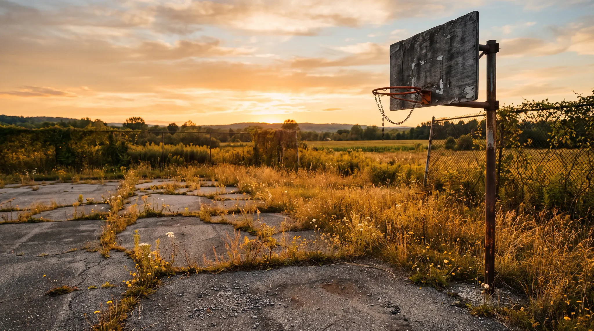 A weathered and abandoned outdoor basketball hoop stands over a cracked asphalt court overgrown with wild grass, weeds, and wildflowers during a vibrant sunset.