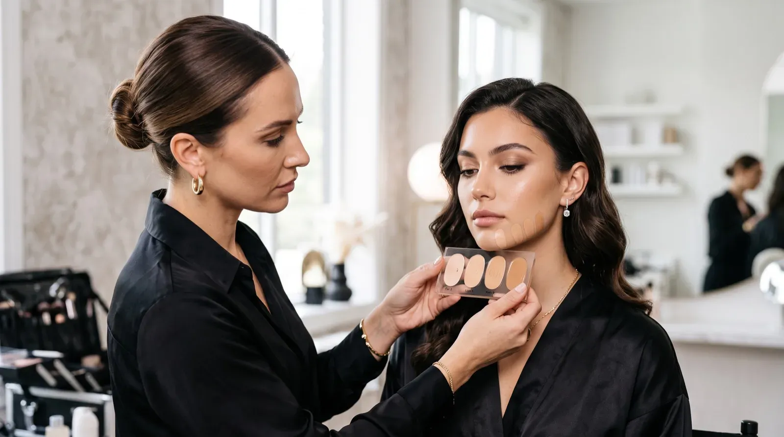 In a bright indoor salon, a makeup artist in a black collared button-down shirt holds a clear foundation swatch palette up to the jawline of a client wearing a black robe. Four foundation swatches are applied along the client's lower cheek and jaw to determine a color match. In the softly blurred background, another person is partially visible near mirrors and windows.