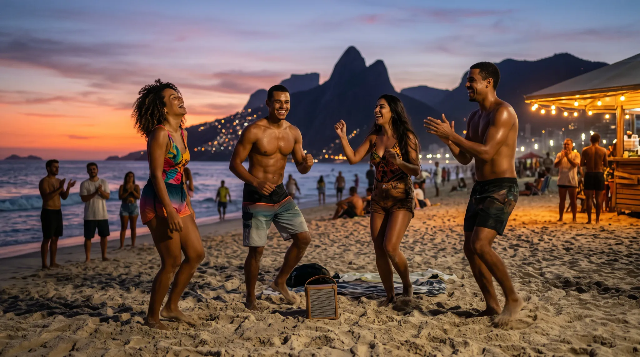 A joyful group of four young adult friends dances barefoot on a sandy beach at sunset, with coastal mountains and twinkling city lights in the background. A small portable speaker rests on the sand in front of them as they laugh and clap together near a beachside pavilion illuminated by string lights.