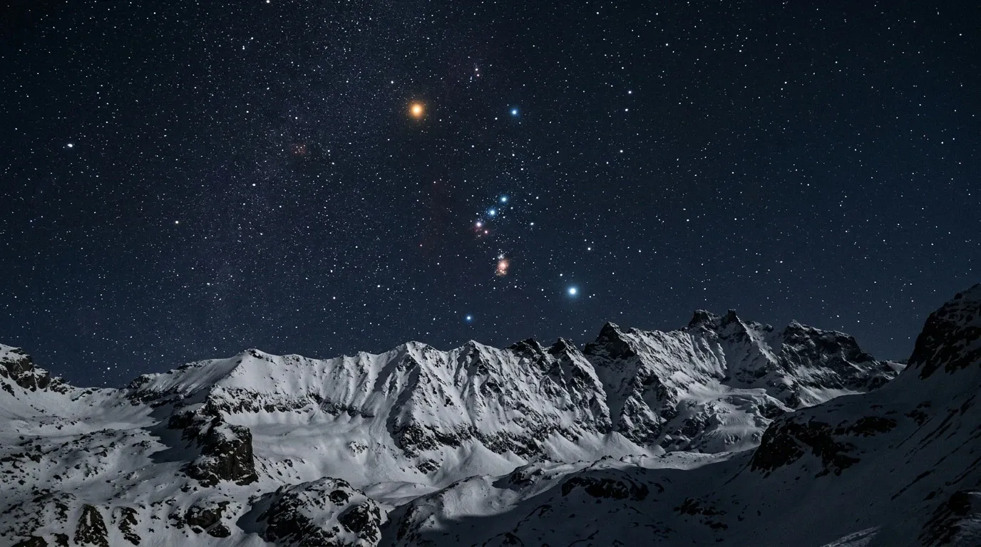 A broad snow-covered mountain range stretches across the lower frame beneath a clear, densely star-filled night sky. The scene is a dark, remote alpine wilderness with rugged peaks, deep shadows, and no visible people, buildings, roads, or artificial lights.