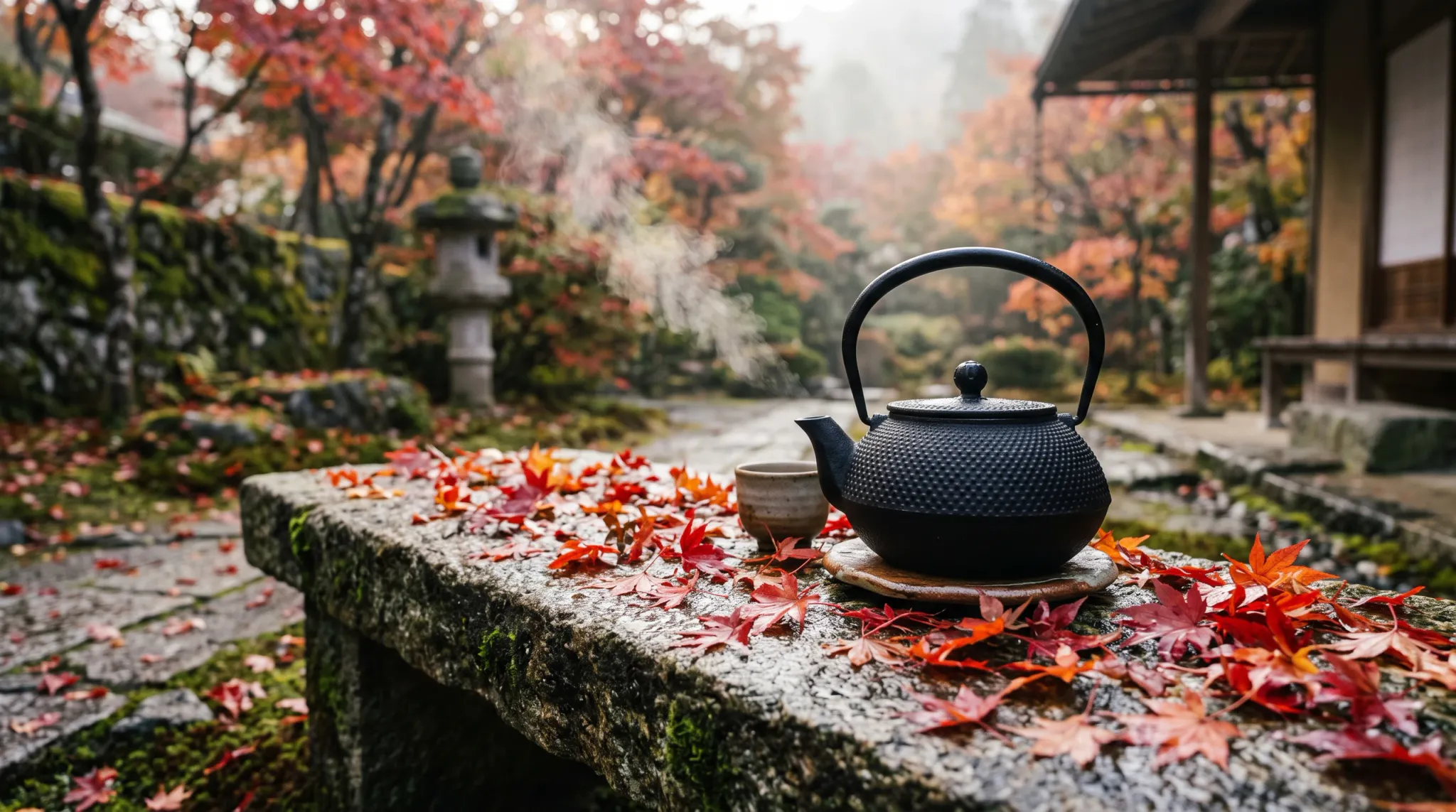 A black textured teapot with a raised handle sits beside a small ceramic tea cup on a rough moss-covered stone bench scattered with red and orange maple leaves. Steam rises from the teapot. A misty Japanese garden, stone lantern, winding path, traditional building, and autumn trees form the softly blurred background.