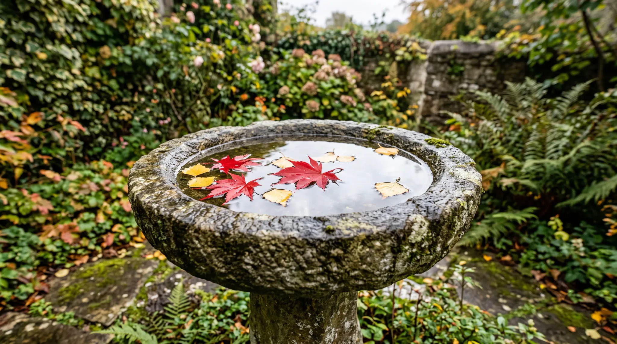 A weathered, round stone birdbath filled with still water occupies the foreground of a lush garden. Red and pale yellow fallen leaves float on the water, while moss, ferns, ivy, flowering shrubs, and a low stone garden wall surround the basin. The image is a landscape-format eye-level photograph with a centered subject and softly blurred background.