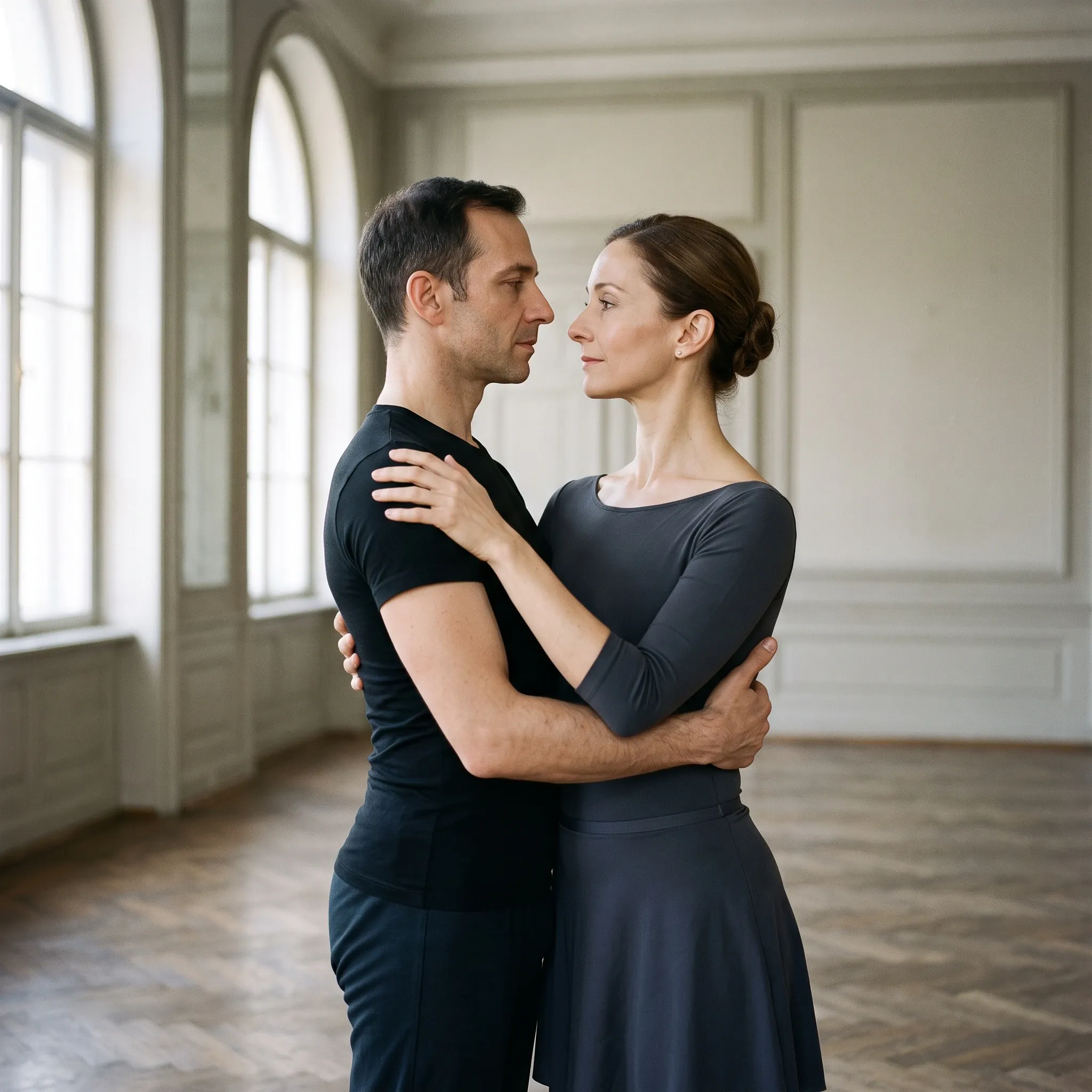 A man and a woman stand closely together in a formal dance hold in a spacious, empty room with large arched windows and a wooden parquet floor. Viewed in profile, they gaze intently into each other's eyes. The man on the left wears a fitted black short-sleeved t-shirt and black trousers. The woman on the right wears a dark gray fit-and-flare dress with three-quarter length sleeves, and her brown hair is styled in a low bun.