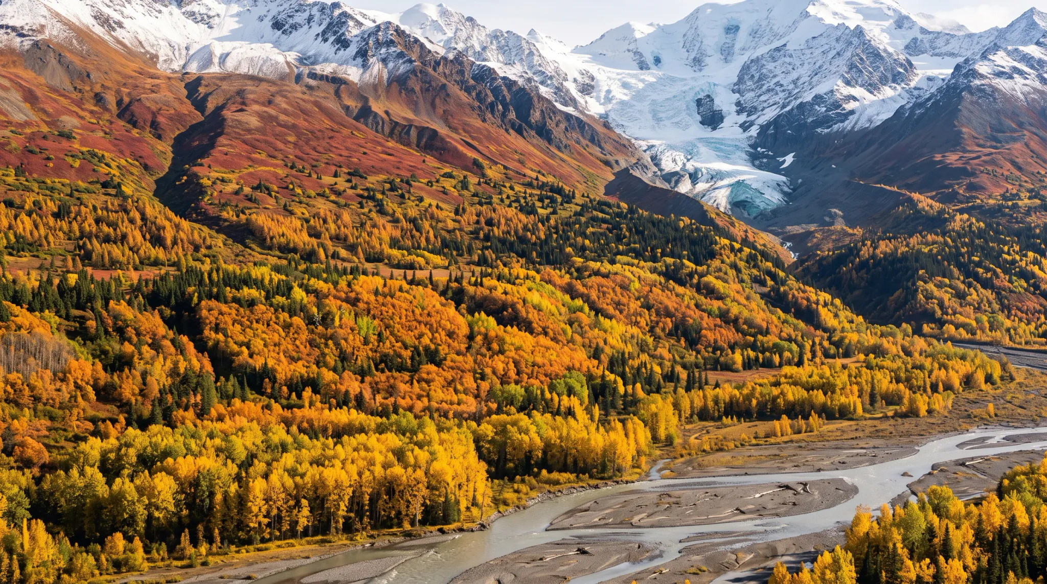 A panoramic wide-angle landscape captures a wide glacial river valley during peak autumn foliage under bright daylight. In the foreground, a shallow braided river meanders across a wide gravel stream bed flanked by dense forests of golden yellow and orange aspen trees mixed with dark green spruces. In the background, rugged snow-covered mountain peaks tower over the valley, cradling a massive alpine glacier that descends into a rocky cirque with a visible blue ice terminus cave.