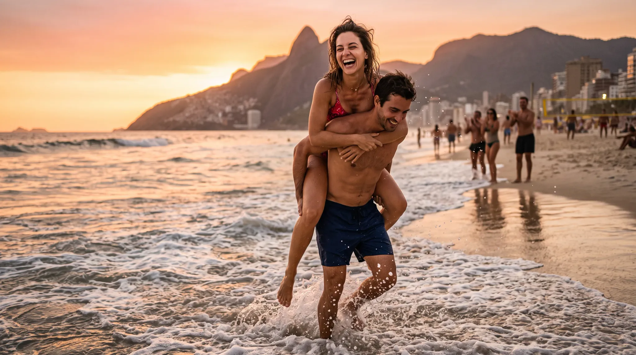 A smiling man gives a piggyback ride to a laughing woman as they wade through foamy ocean waves on a sandy beach during sunset, with coastal mountains and beachgoers in the soft background.