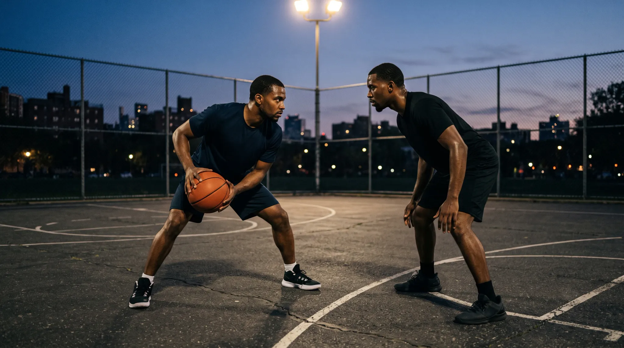 Two men are engaged in a one-on-one basketball game on an outdoor asphalt court at dusk. The player on the left, wearing a navy t-shirt and gym shorts, is in a wide athletic stance holding an orange basketball. He is looking at his opponent on the right. The second player, wearing a black t-shirt and black gym shorts, is in a low defensive stance, facing the ball handler. Both men have very short haircuts and short beards. A chain-link fence and a tall street lamp illuminating the court are visible in the background, with a blurry city skyline visible in the distance.