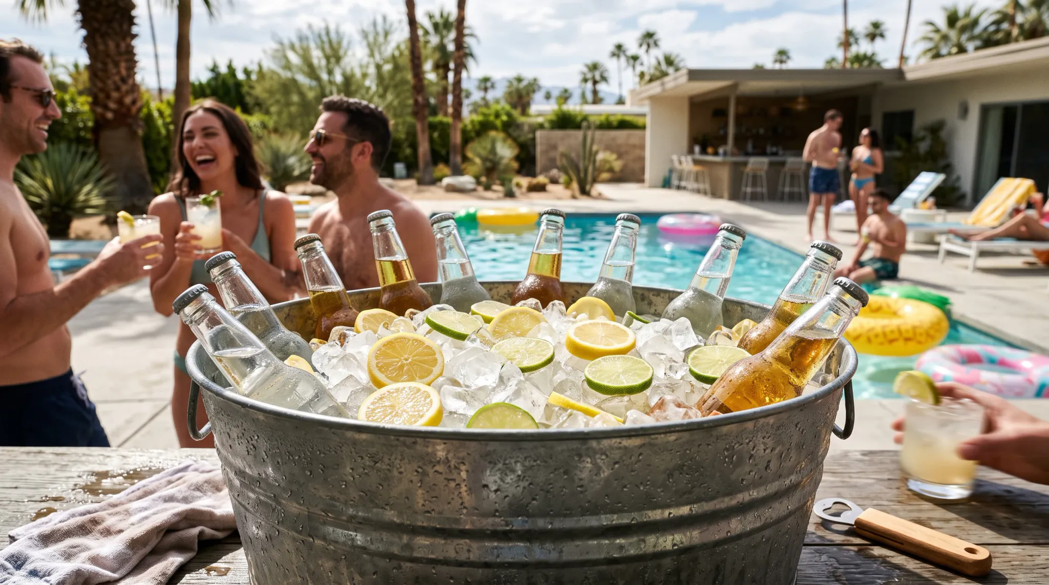 A lively summer pool party scene featuring a galvanized metal tub brimming with ice, fresh citrus slices, and bottled drinks in the foreground. In the background, friends in swimwear laugh and socialize beside a sparkling blue swimming pool surrounded by palm trees and patio seating.